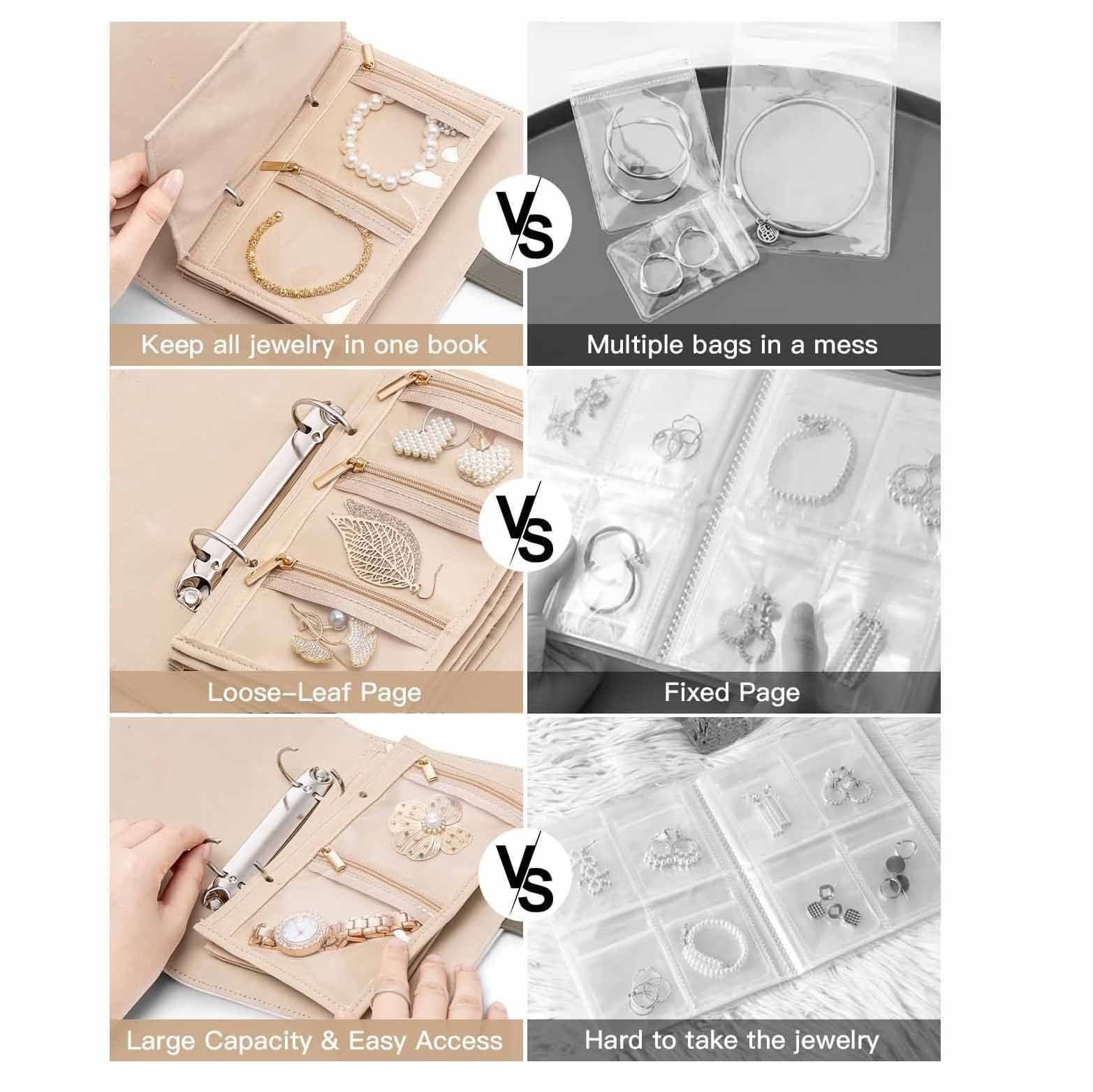 Leather Portable Jewelry Storage Book FoldableTravel Jewelry Storage Case for Rings Necklaces Earrings