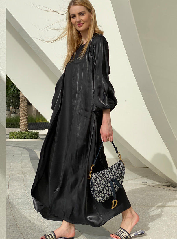 MOiSTREET Shimmery Bubble Sleeves Black Abaya Set with Under Dress & Sheila