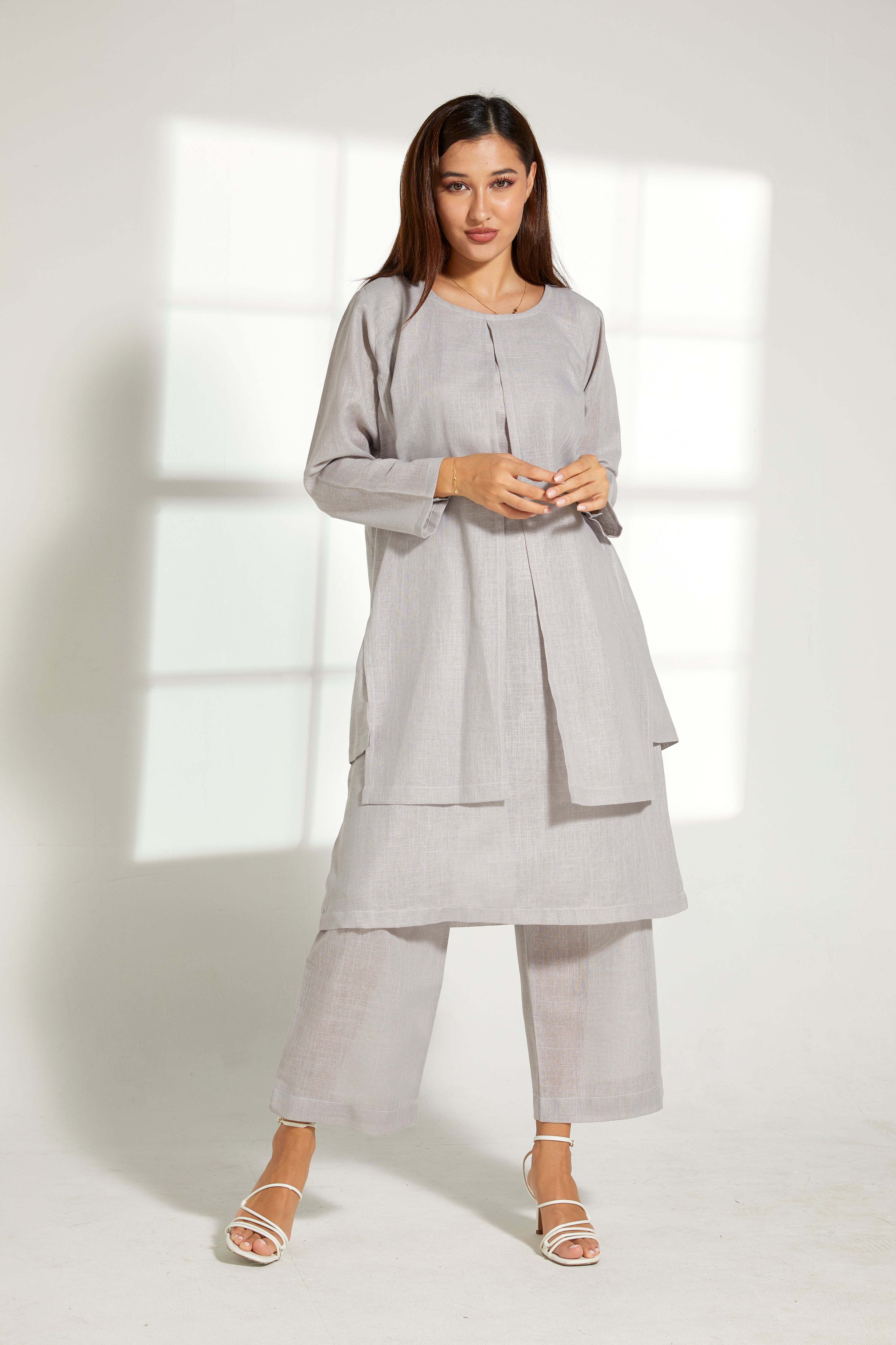 MOiSTREET Grey Linen Fabric Top and Pants Set