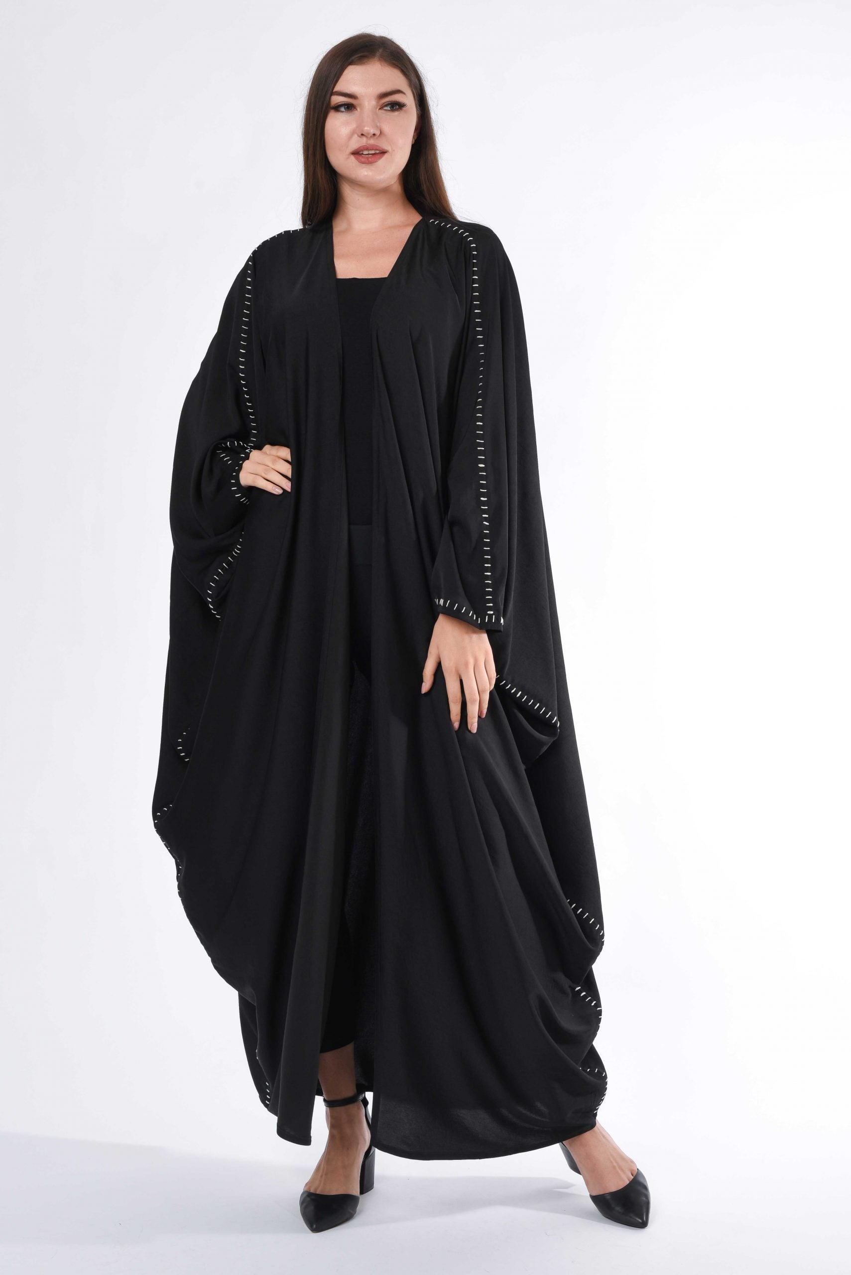 MOiSTREET Black Flared Cape Abaya with Hand Buck Stitch