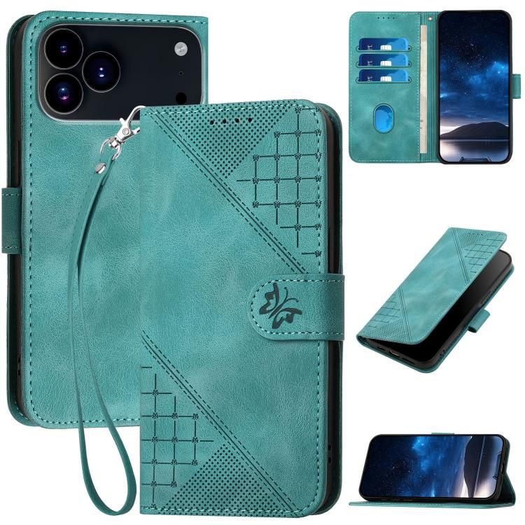 For iPhone 18 Pro Max / iPhone 17 Pro Max YX0080 Grid Butterfly Embossed Pattern Flip Leather Phone Case with Lanyard