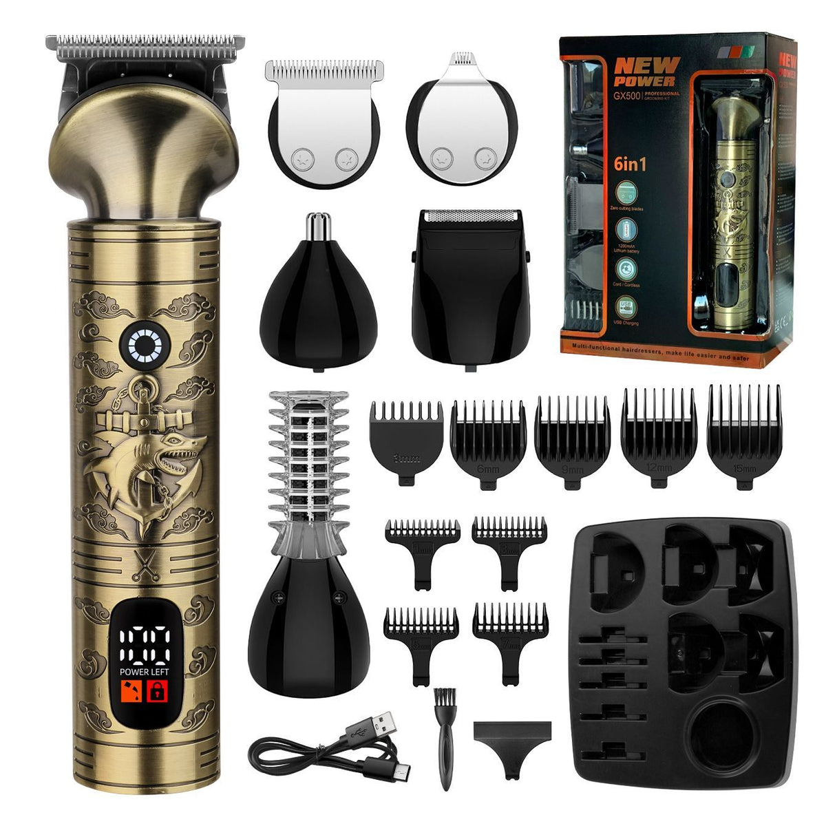 Hair Clipper with Digital Display and 9 Guide Combs