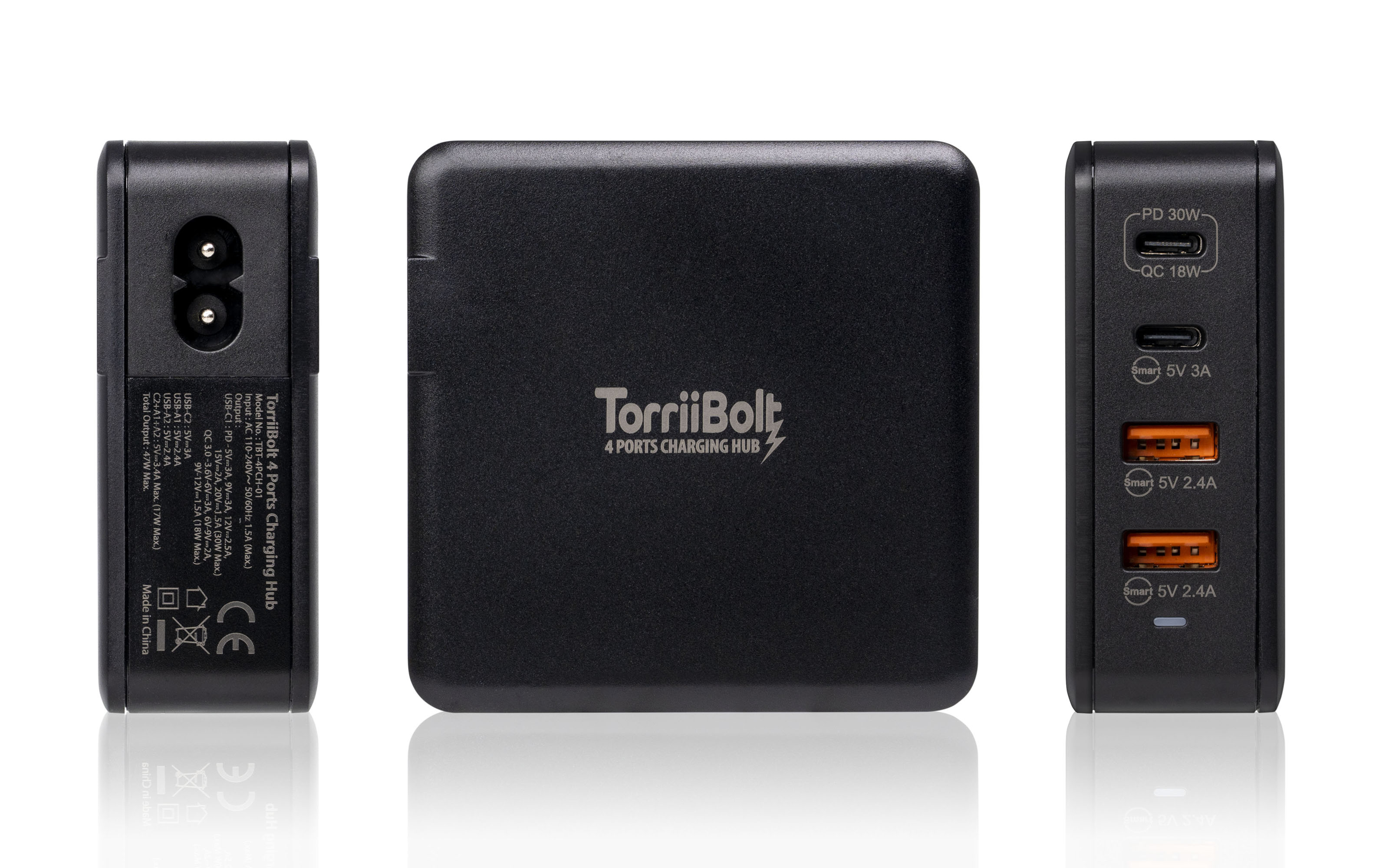Torrii Bolt 4 Ports Charging Hub with USB-PD & QC 3.0, Black, TBT-4PCH-01