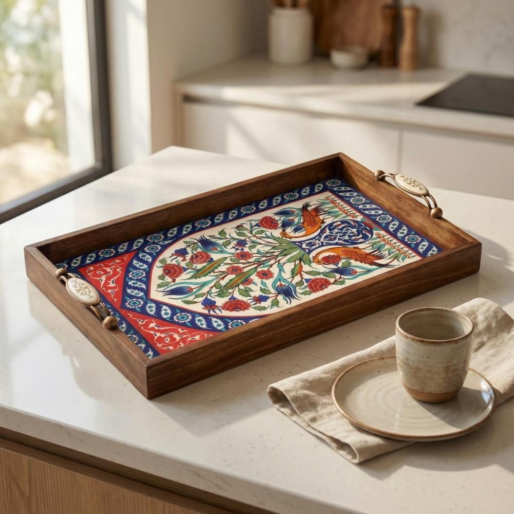 Handmade Wooden Serving Tray with Turkish Ceramic Tile Decor
