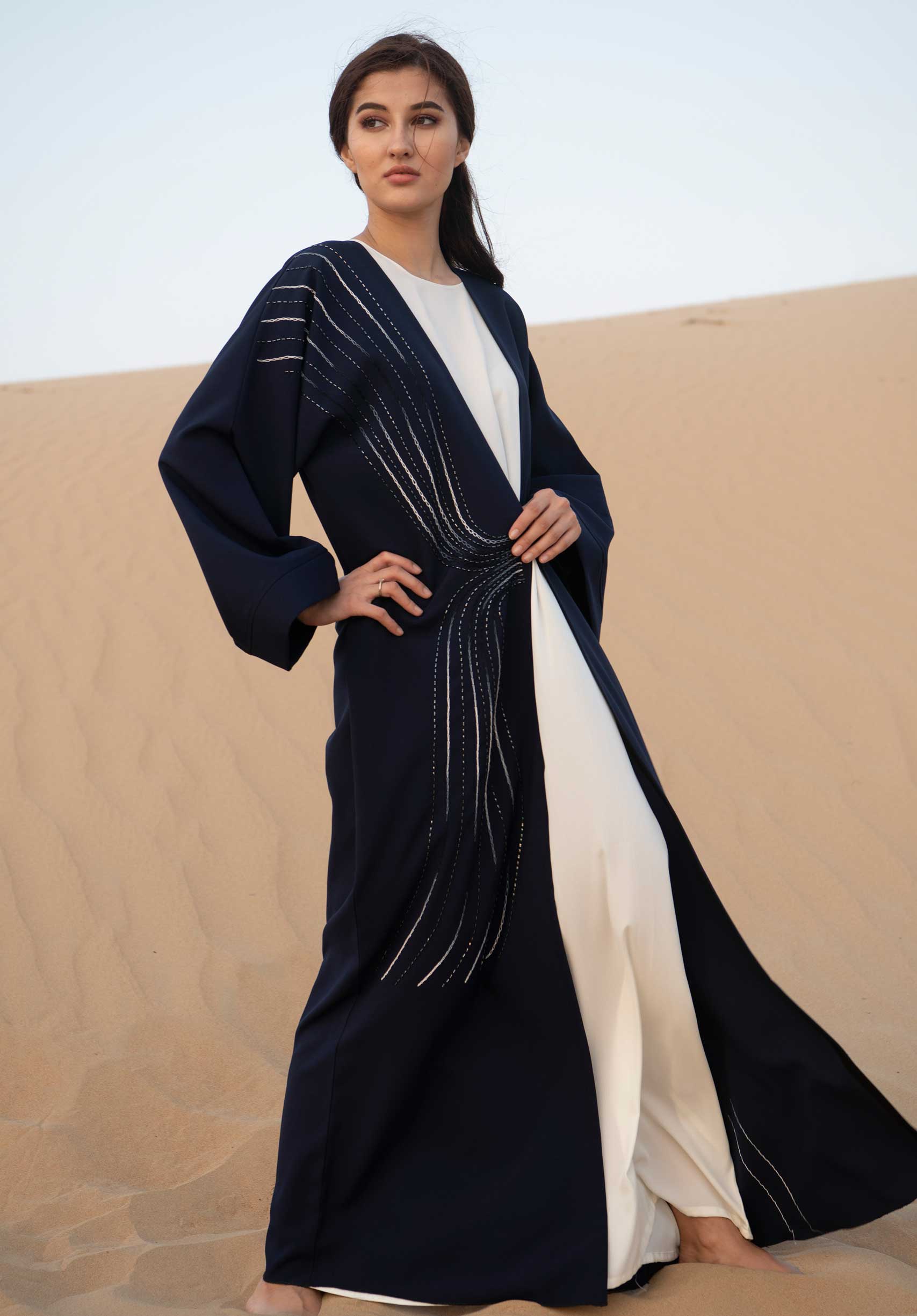 MOiSTREET Navy Open Abaya With Hand Embroidery
