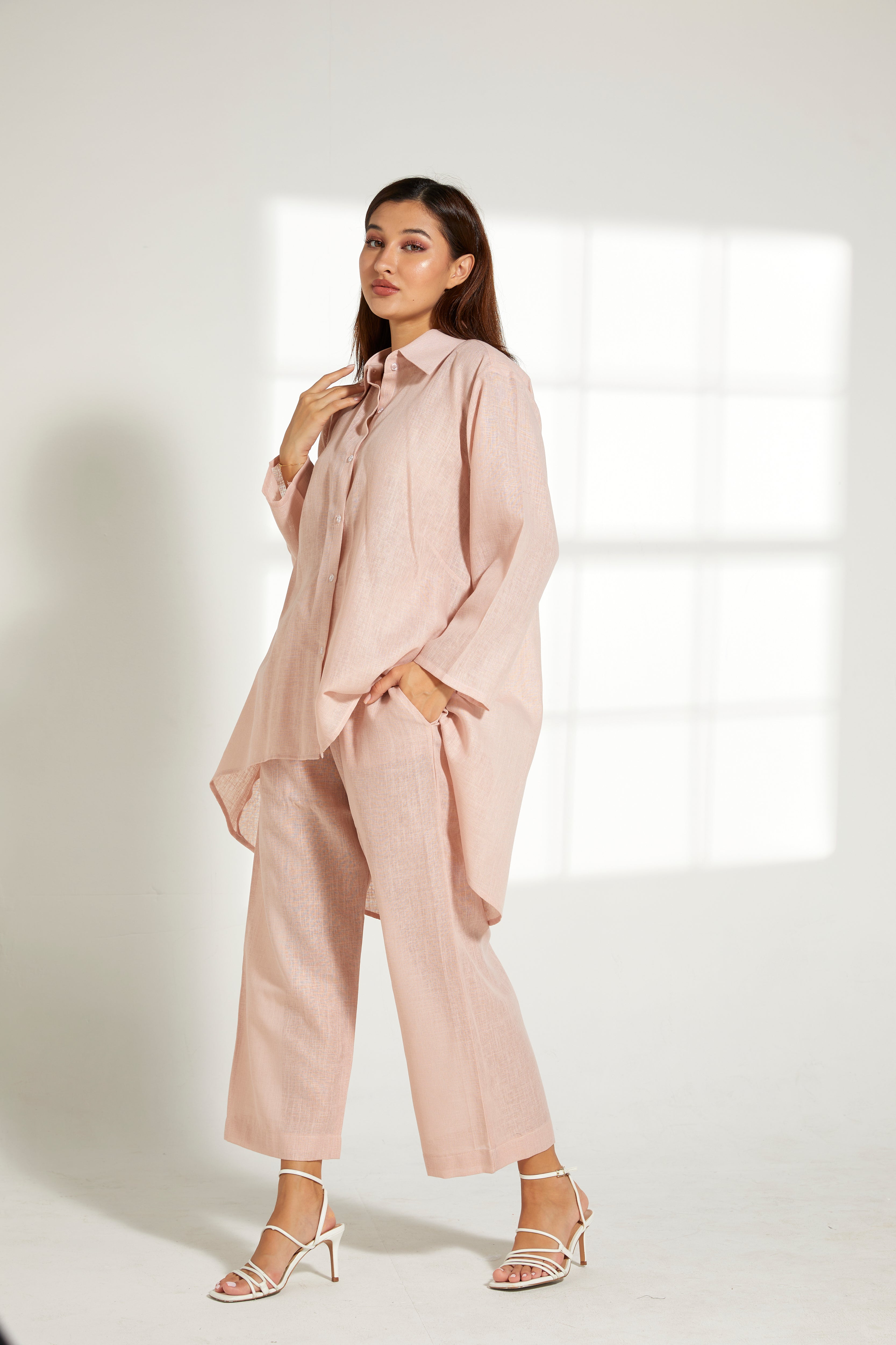 MOiSTREET Peach Linen Fabric Top and Pants Set