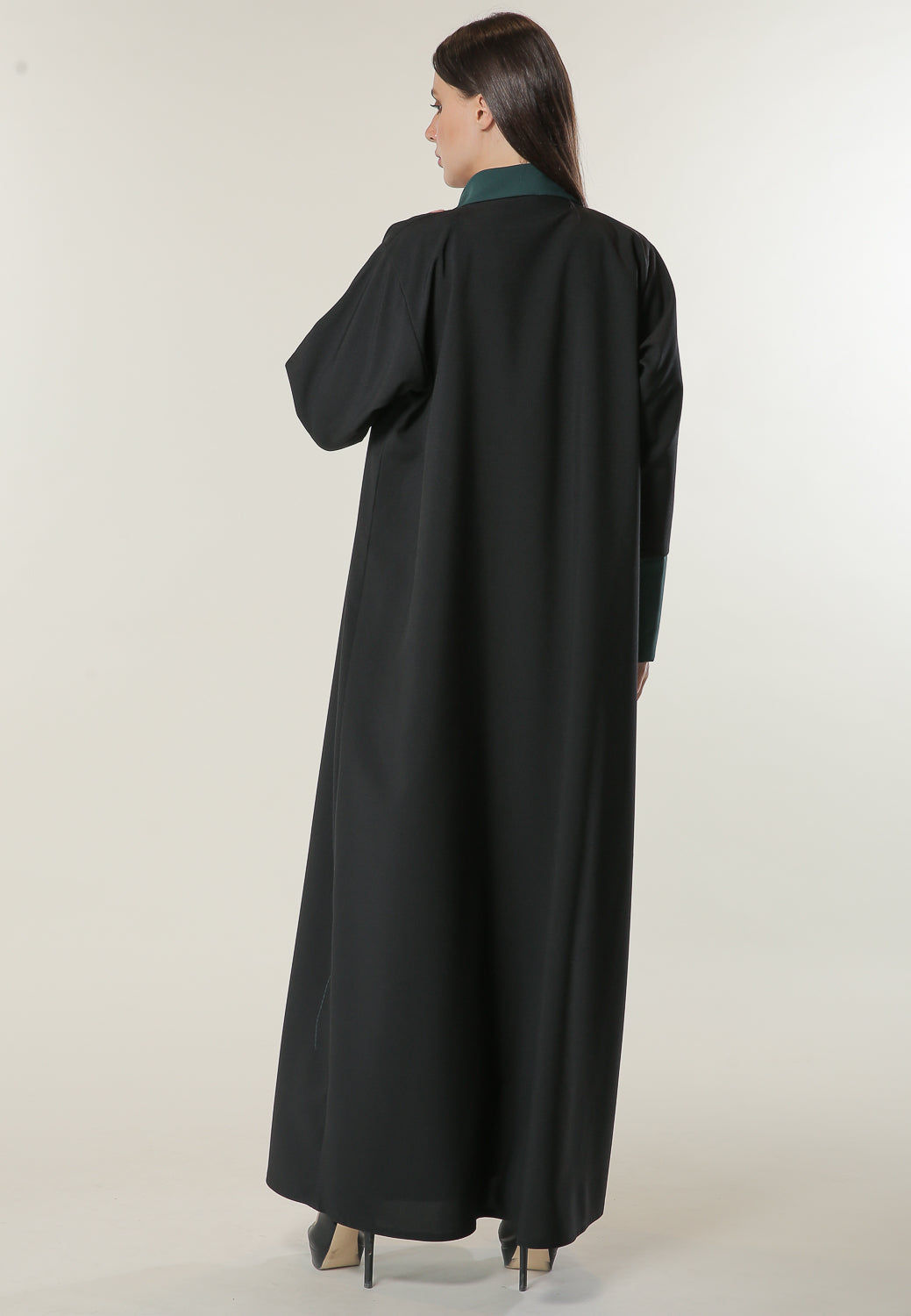 MOiSTREET Black Abaya with Contrast Panels Overlaid with Net Lace