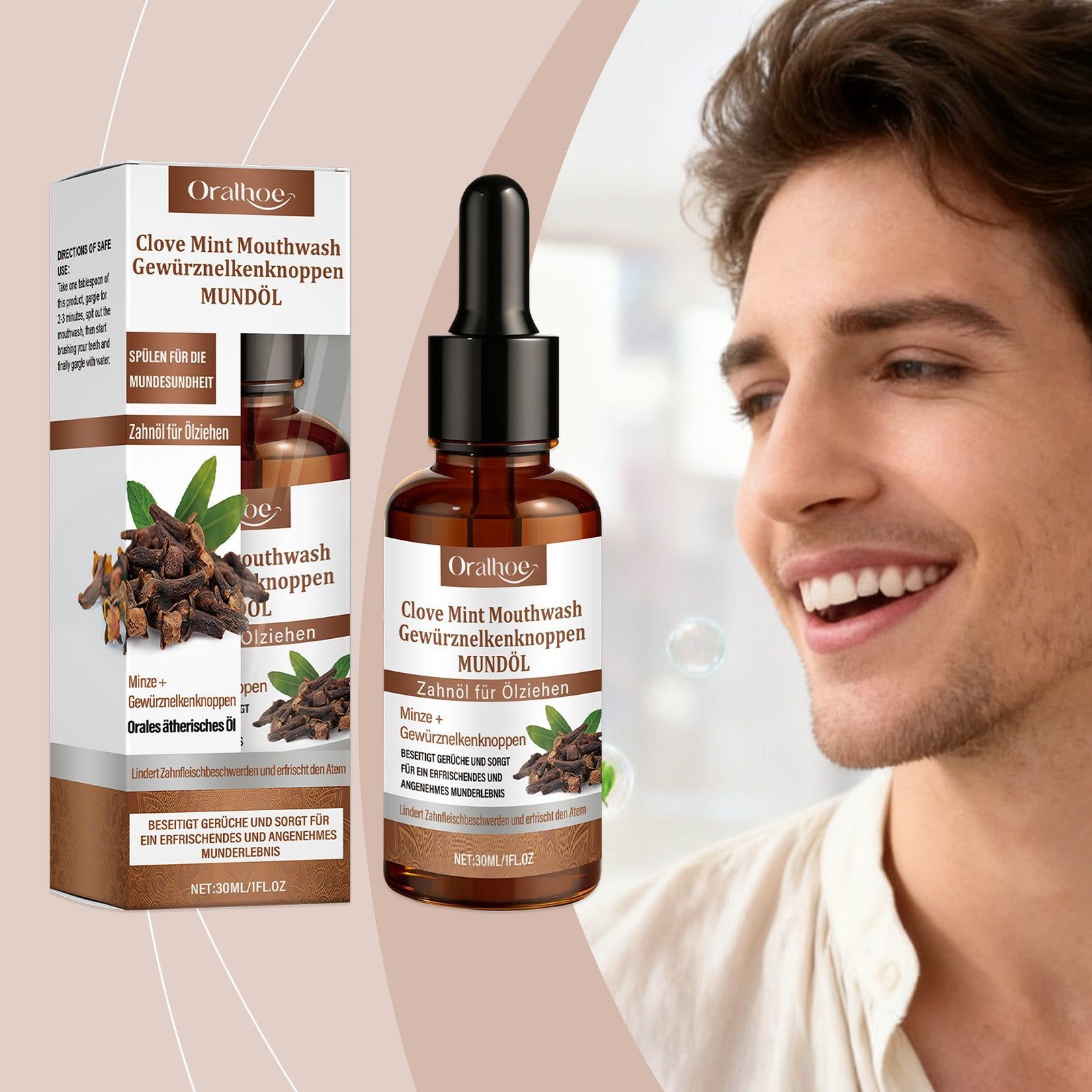 Clove Mint Mouthwash, Fresh Breath, Gum Care, Herbal, Long-Lasting Freshness ,30ml