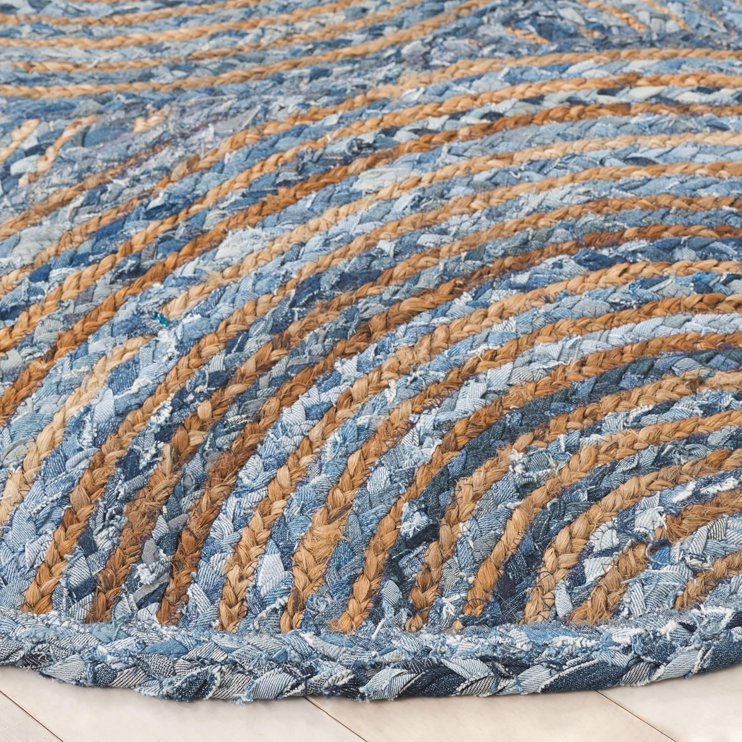 Blue Denim & Jute Round Rug with Spiral Pattern | Handmade Modern Boho Area Rug