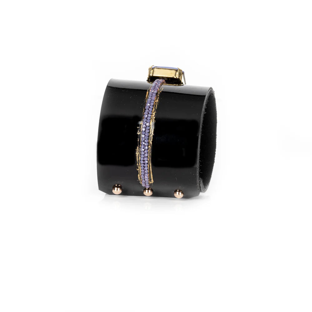 The Dark Black Leather Crystal Cuff Bracelet with Blue Stone