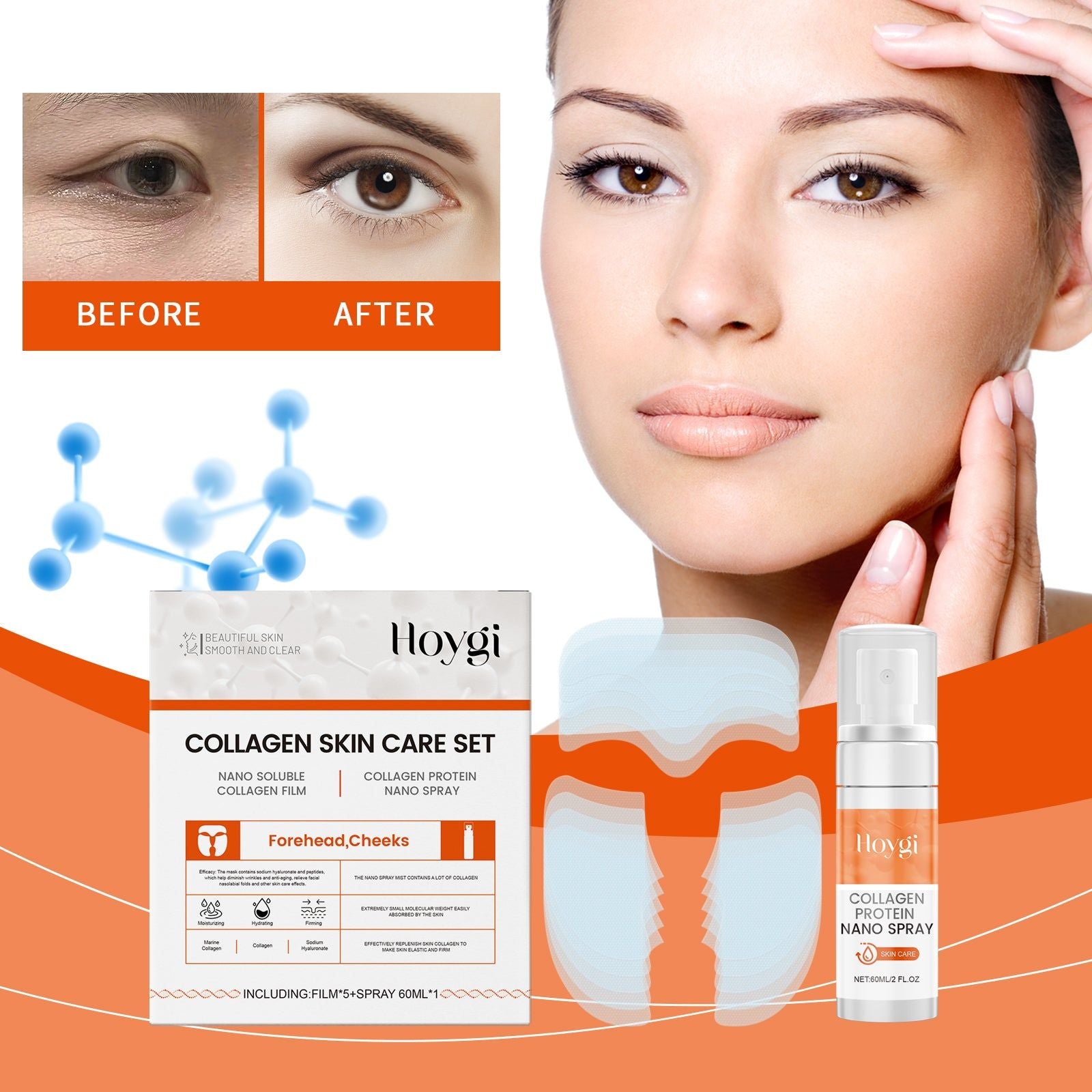 Collagen Facial Set, Anti-Aging, Hydrating, Skin Tightening, Moisturizer ,5 pieces+60ml
