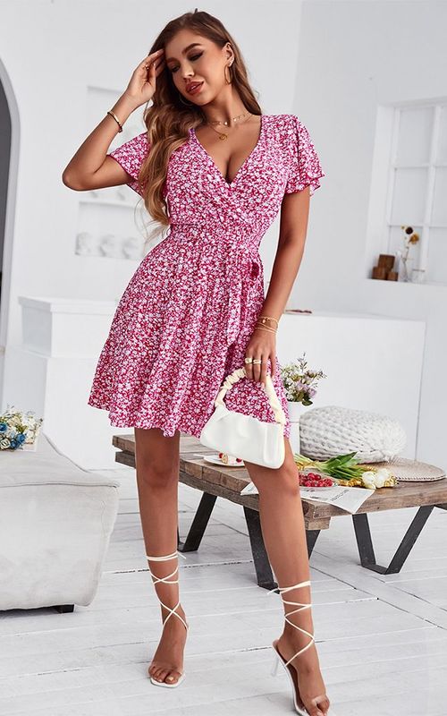 Floral V Neck Mini Dress Sexy Wrap Dress Women Flowy Short Sleeve Sundress