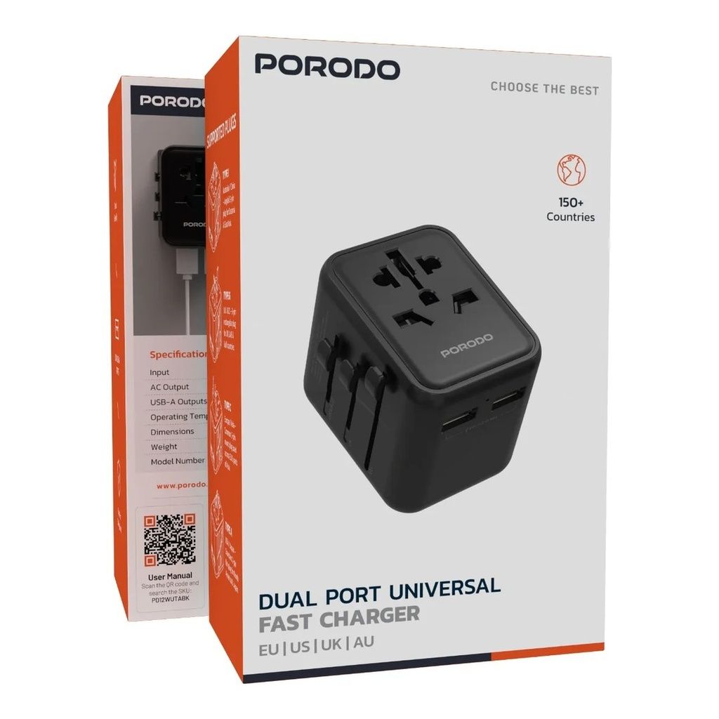 Porodo Dual USB-A Universal Travel Adapter 2.4A, Black