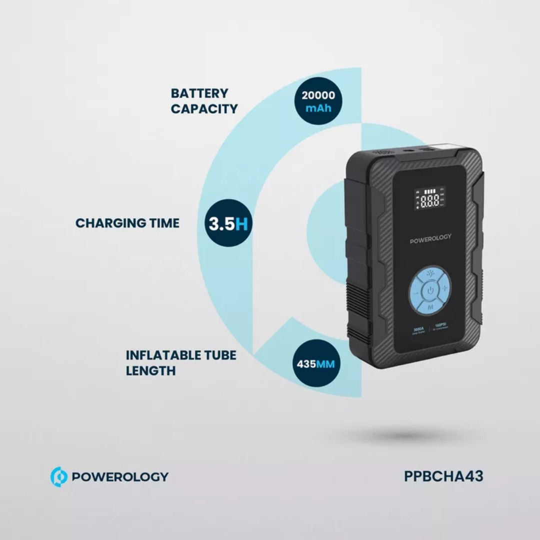 Powerology 20000mAh Power Bank Jump Starter with Air Compressor, 3000A Peak, 45W PD & 160PSI Inflator