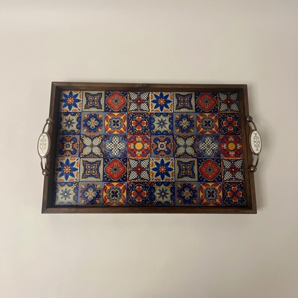 Handmade Wooden Tray, Turkish Tile Pattern, Ottoman Coffee Table Decor