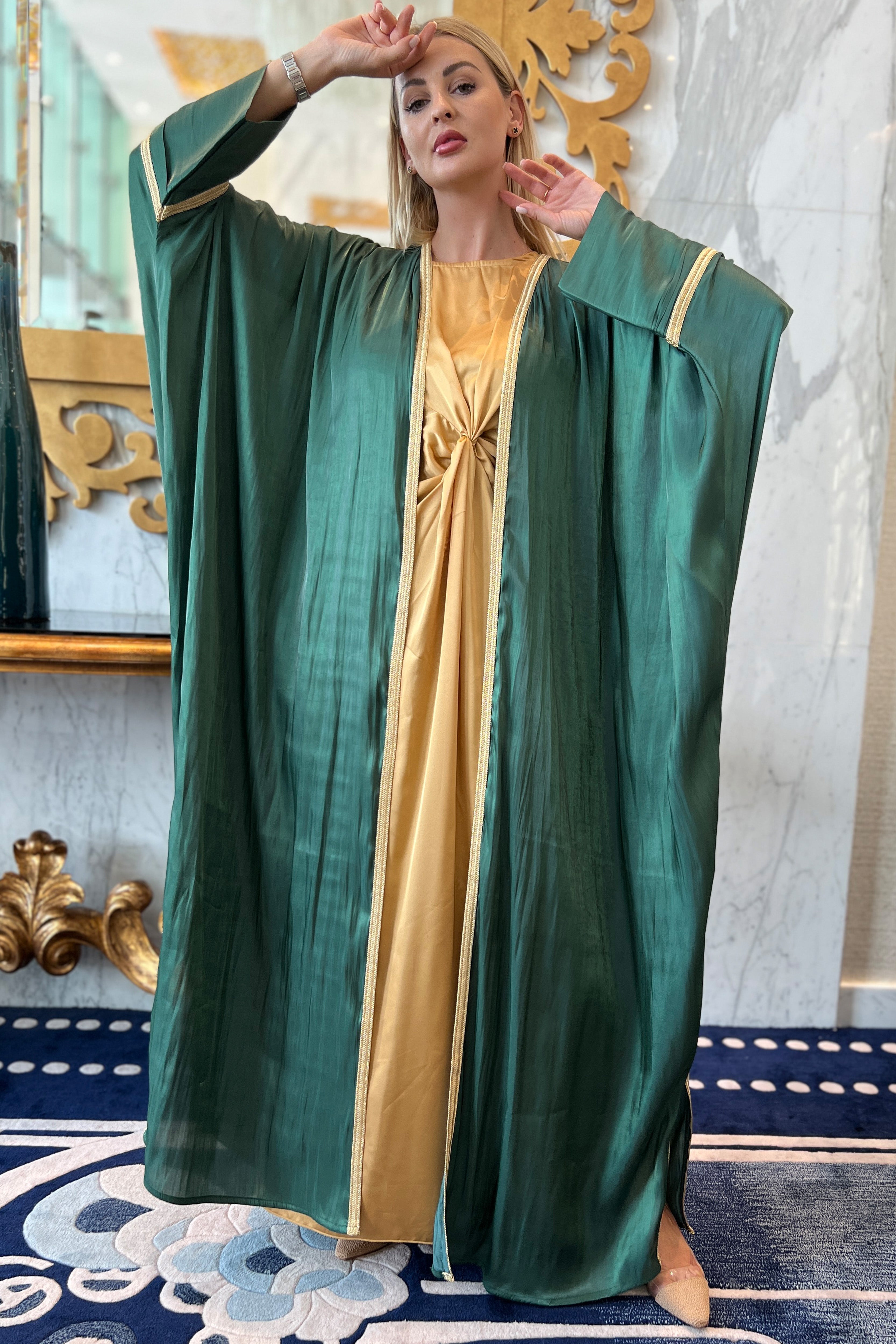 MOiSTREET Green Rotana Shimmer Bhist Abaya Set