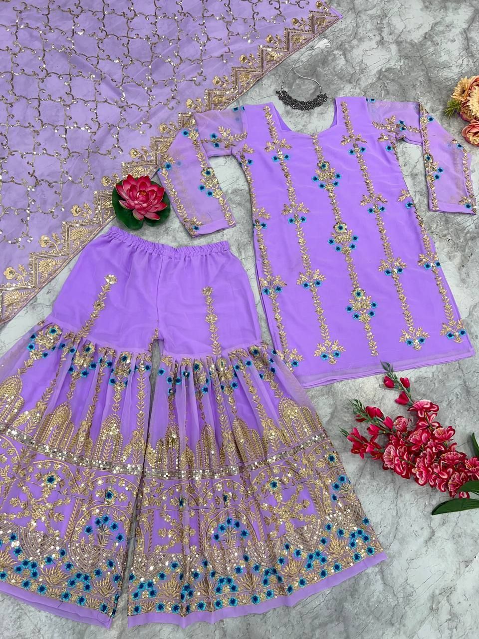 Fab Zone Women's Sharara Kurti Outfit With Fancy Net Dupatta