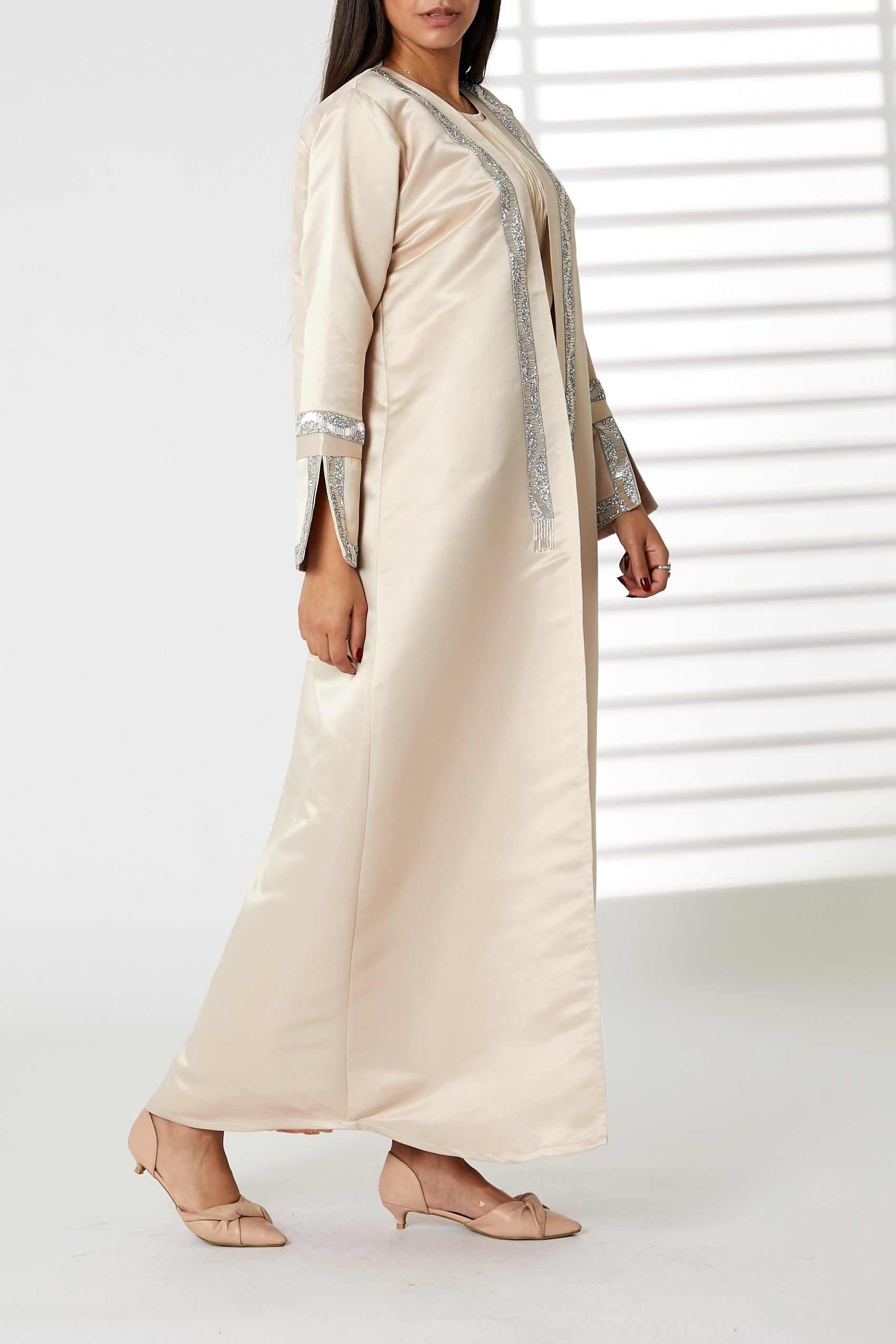 MOiSTREET Peach Bridal Satin Abaya with Split Cuffs