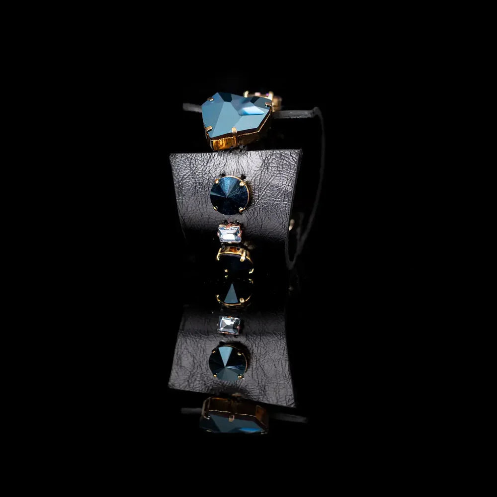 The Dark Midnight Steel Crystal Leather Cuff