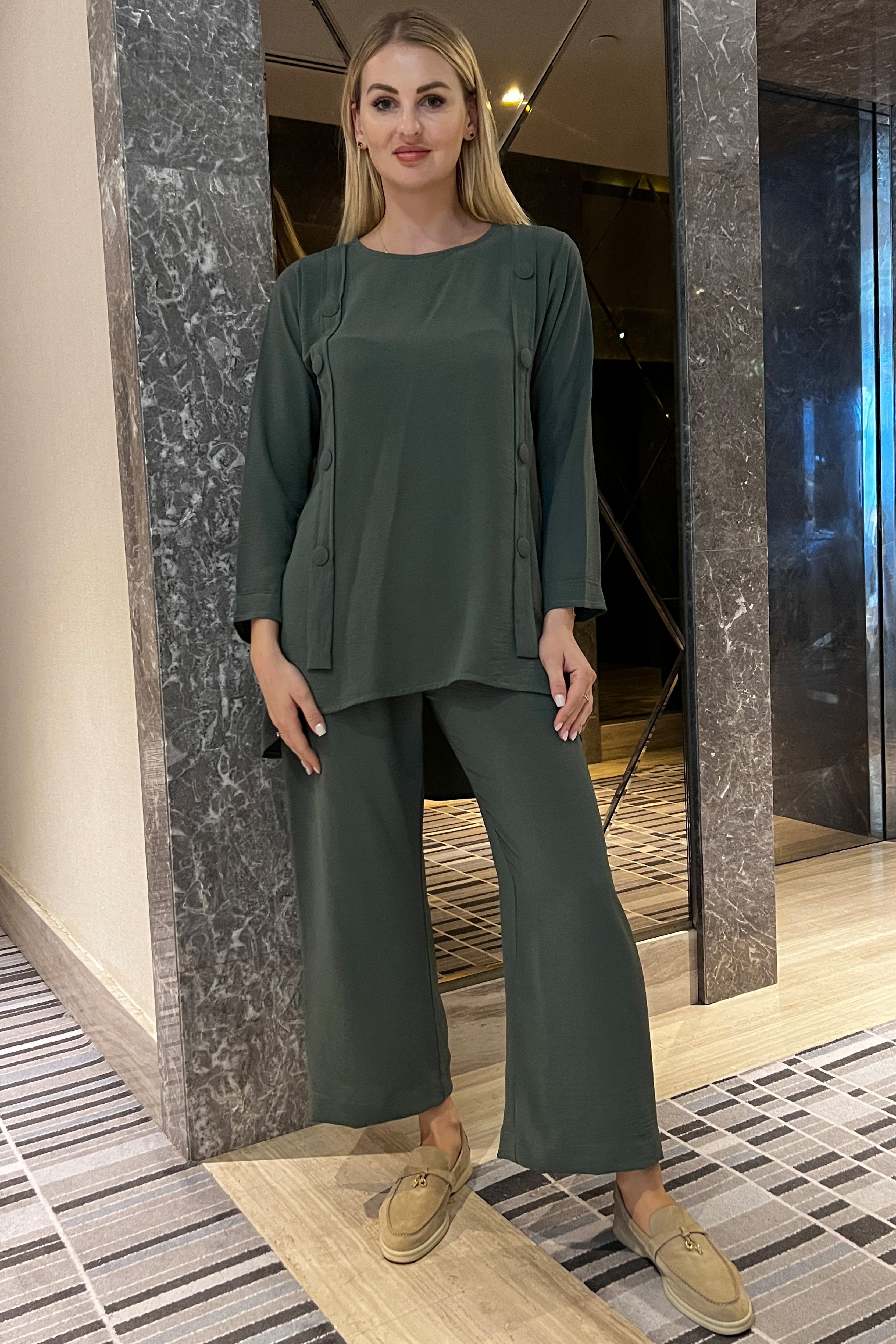 MOiSTREET Greenish Cyan CEY Fabric Top And Pants Set