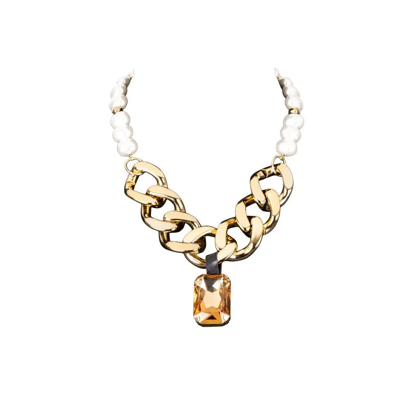 The Dark Gold Chain Necklace with Pearl Detail & Amber Crystal Pendant