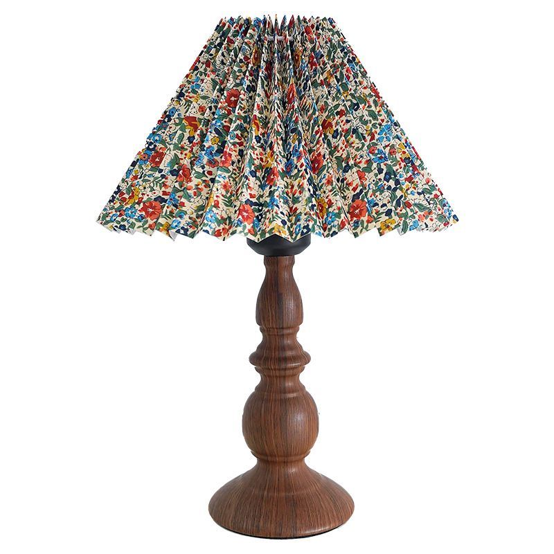 Vintage Floral Bedside Table Lamp with Wood Grain Base