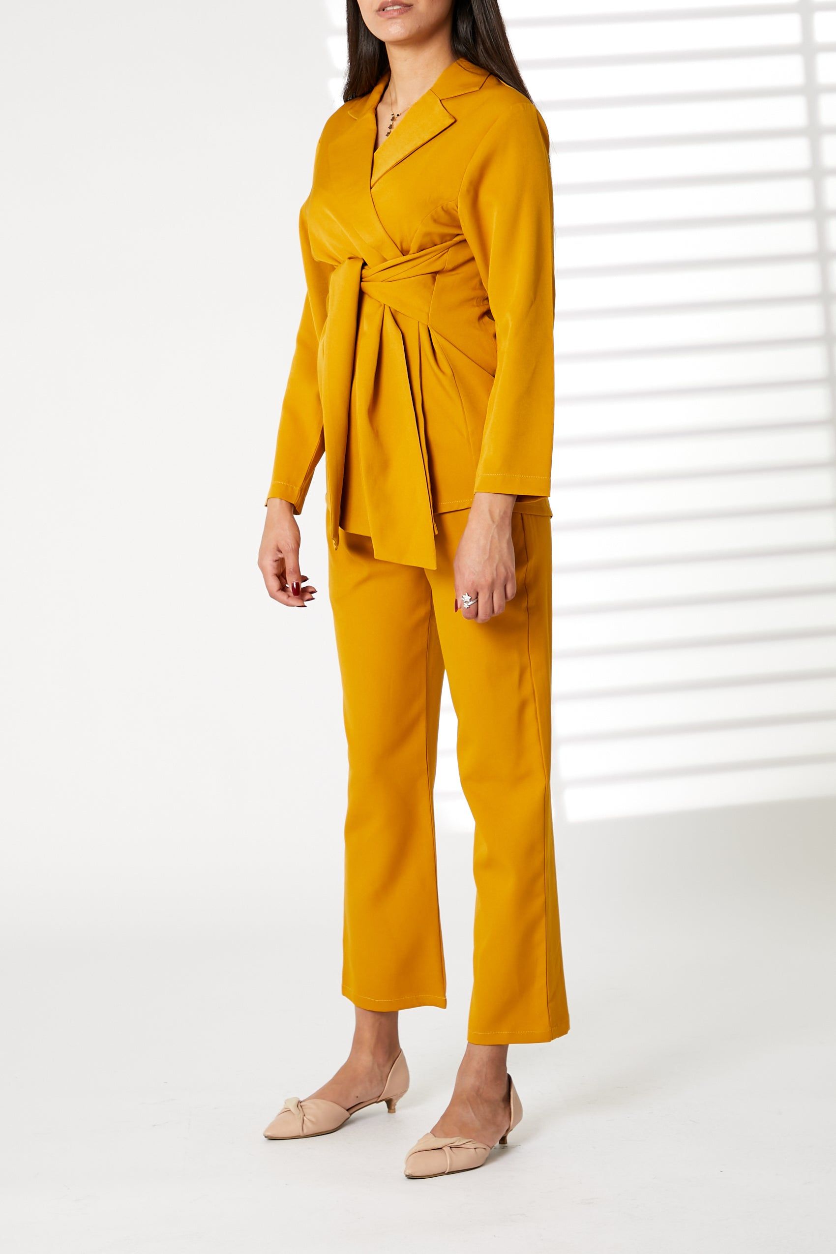 MOiSTREET Yellow Barbie Crepe Fabric Blazer and Pants Set