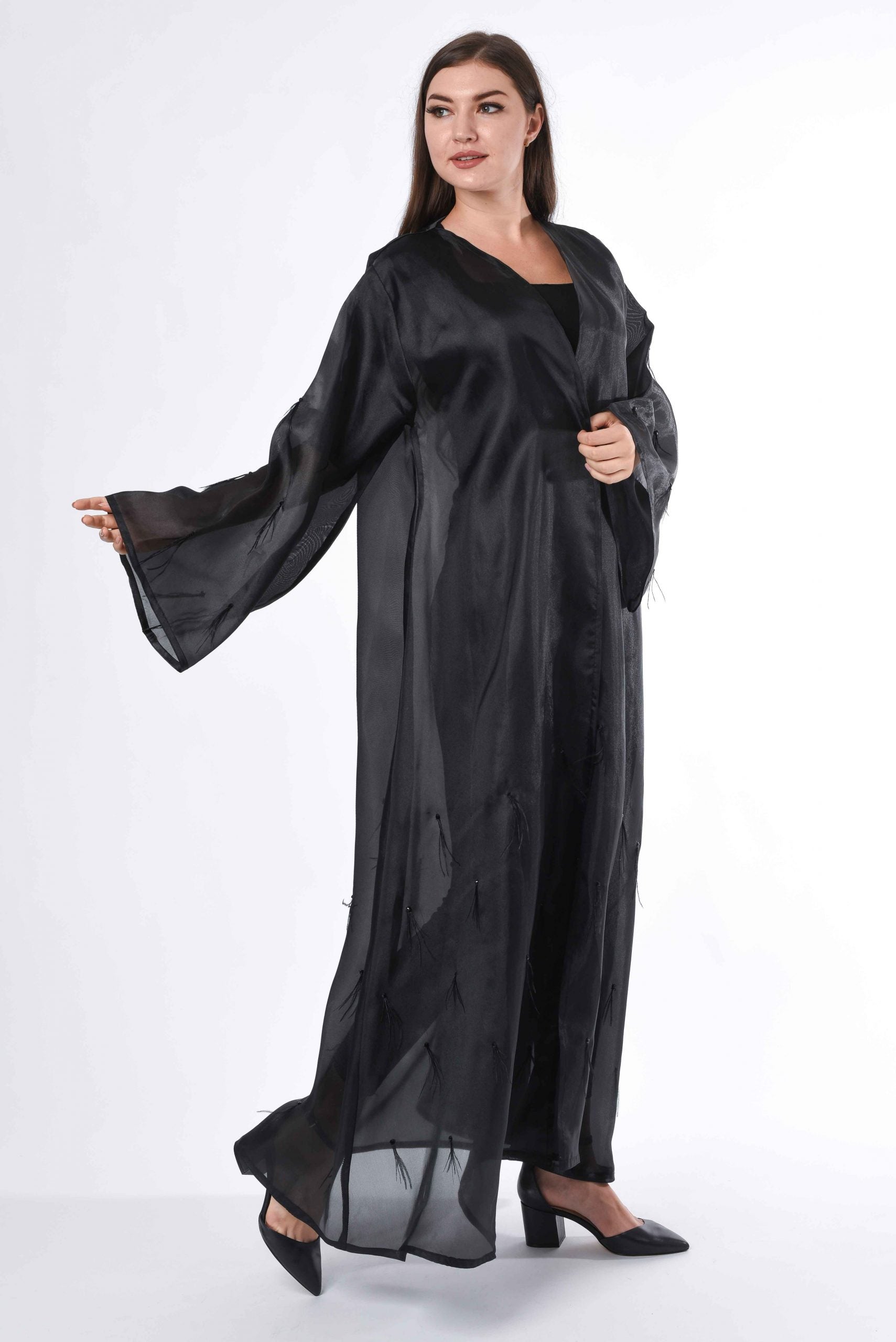 MOiSTREET Black see through Abaya with Feather Detail