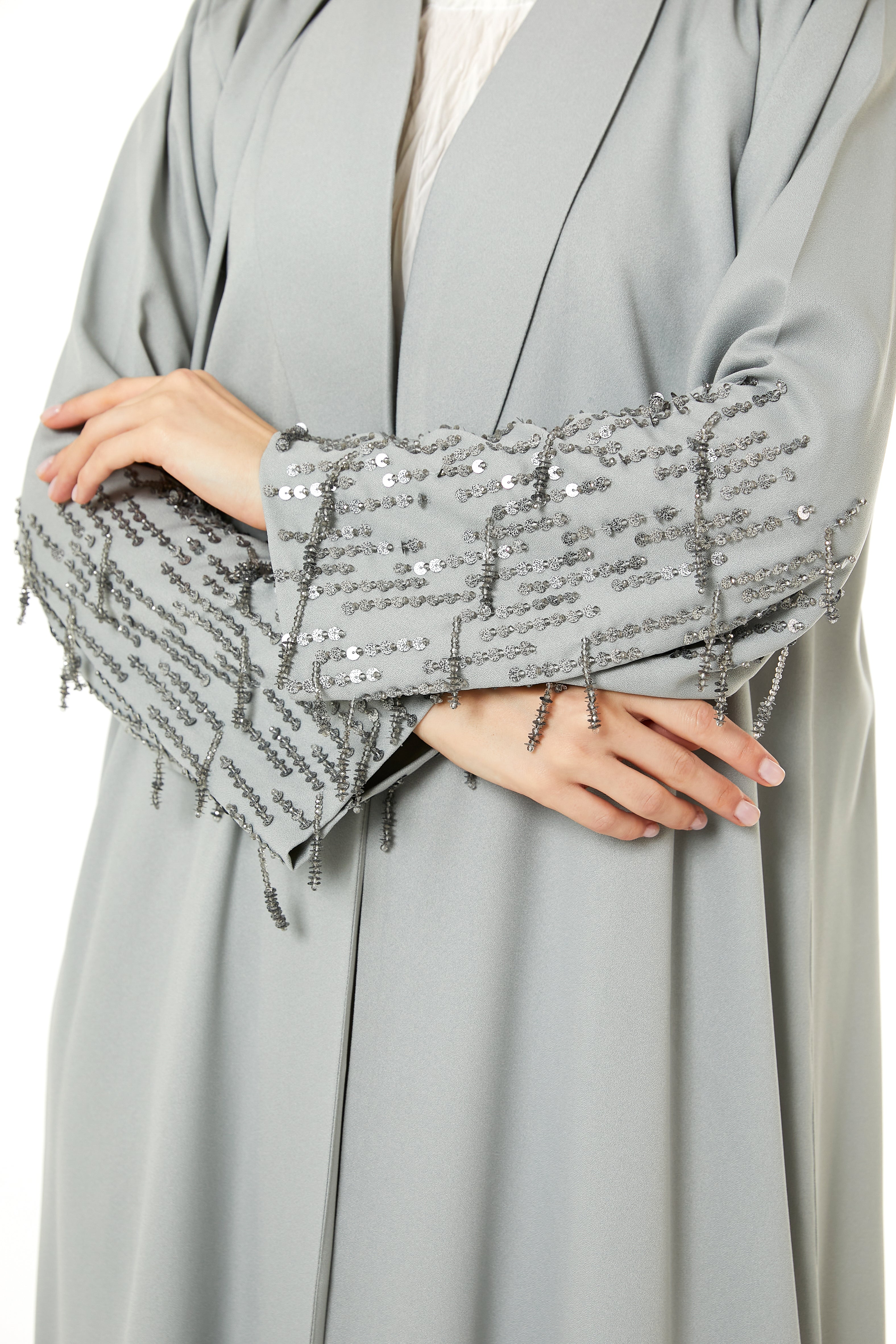 MOiSTREET Grey Korean Nida Hand Embellished Abaya