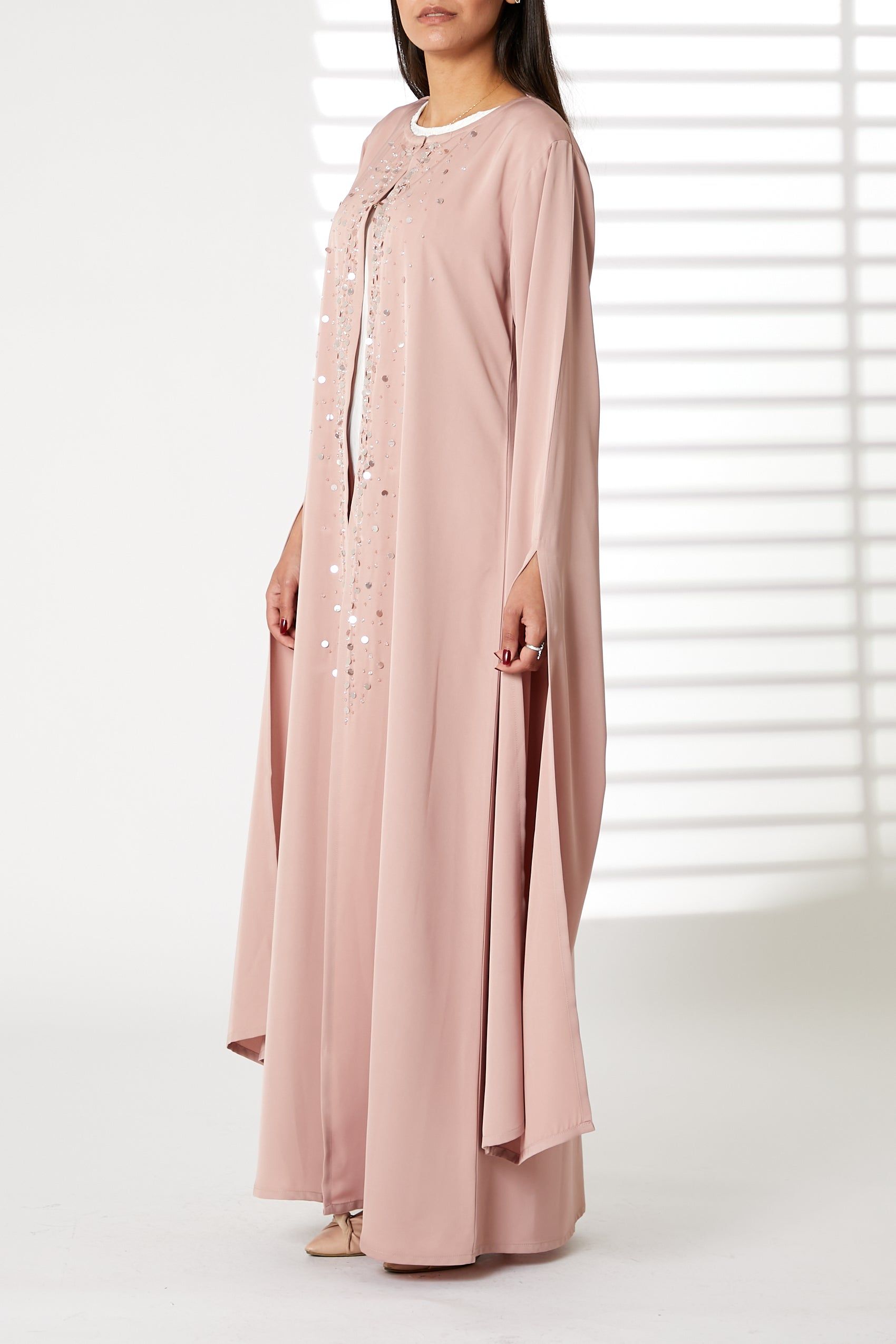 MOiSTREET Pink Round Neck Nida  Split Cuffs Embroidered Abaya