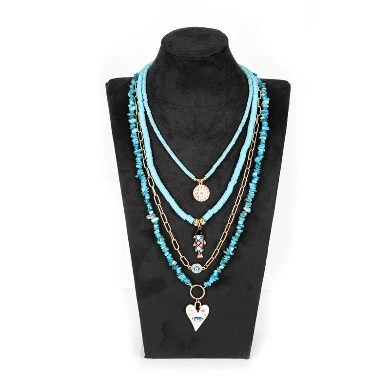 The Dark Layered Turquoise Beaded Necklace with Charms