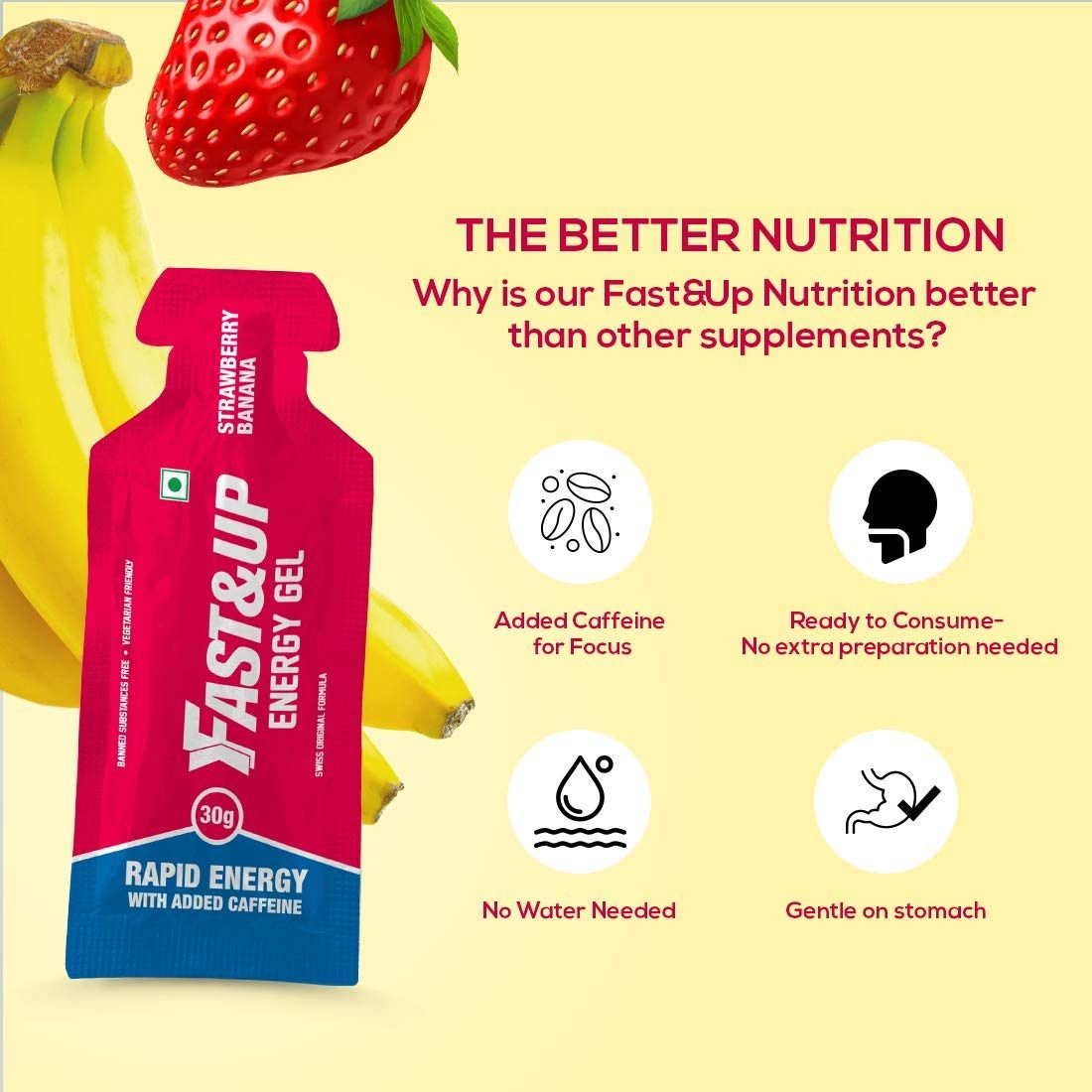 جل الطاقة Fast&up - طاقة فورية + كافيين (عبوة من 5 قطع) - نكهة الفراولة والموز