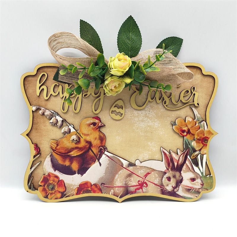 Easter Bunny Door Sign Wooden Decorative Wreath Door Hanging Sign Gifts