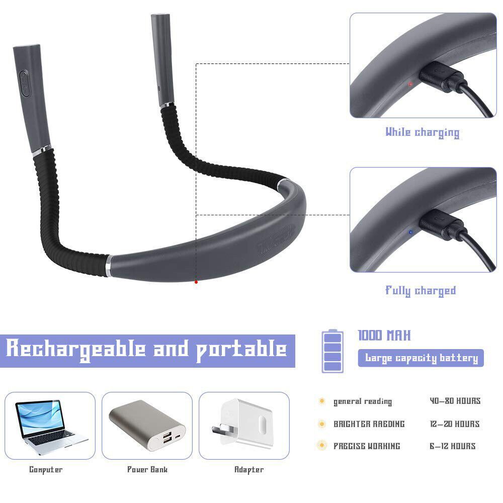 Neck Hanging Reading Lamp Hands Free Rechargeable LED Reading Light 3 Colors