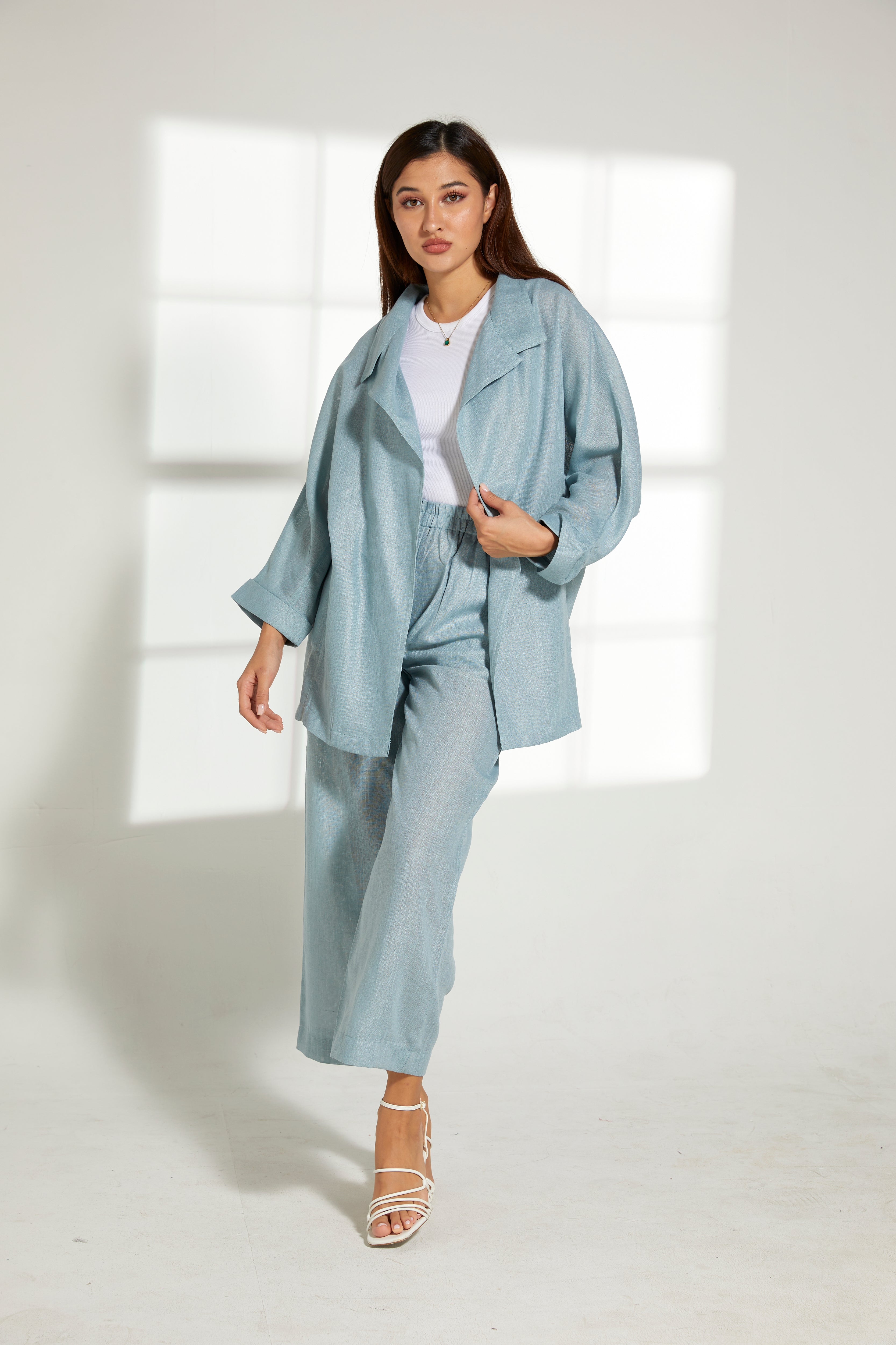 MOiSTREET Turquoise Linen Fabric Top and Pants Set