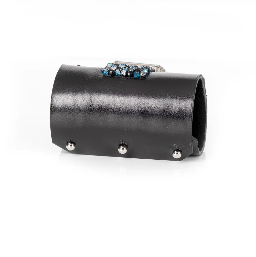 The Dark Black Leather Crystal Cuff Bracelet Ice Blue Cross Stone