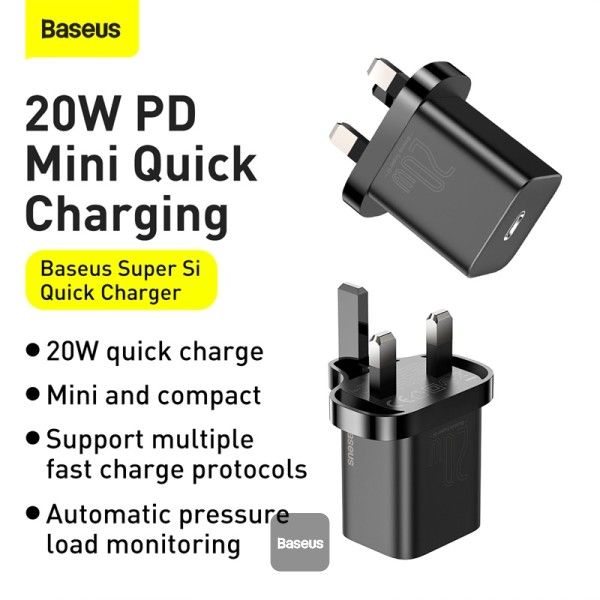 شاحن سريع Baseus 20W Super Si 1C مع كابل 1M، أسود