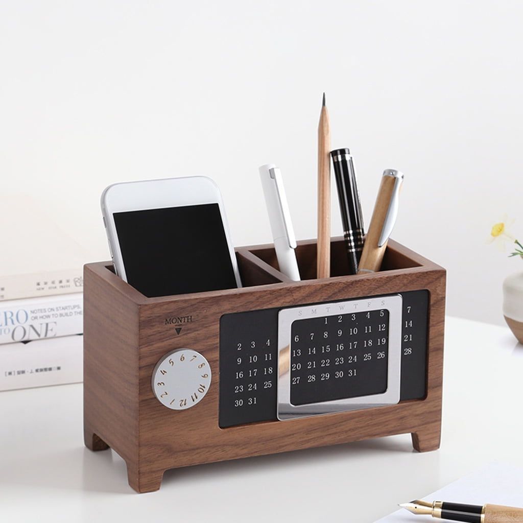 Solid Wood Calendar Pen Holder Multifunction Desktop Office Organizer Storage Bucket