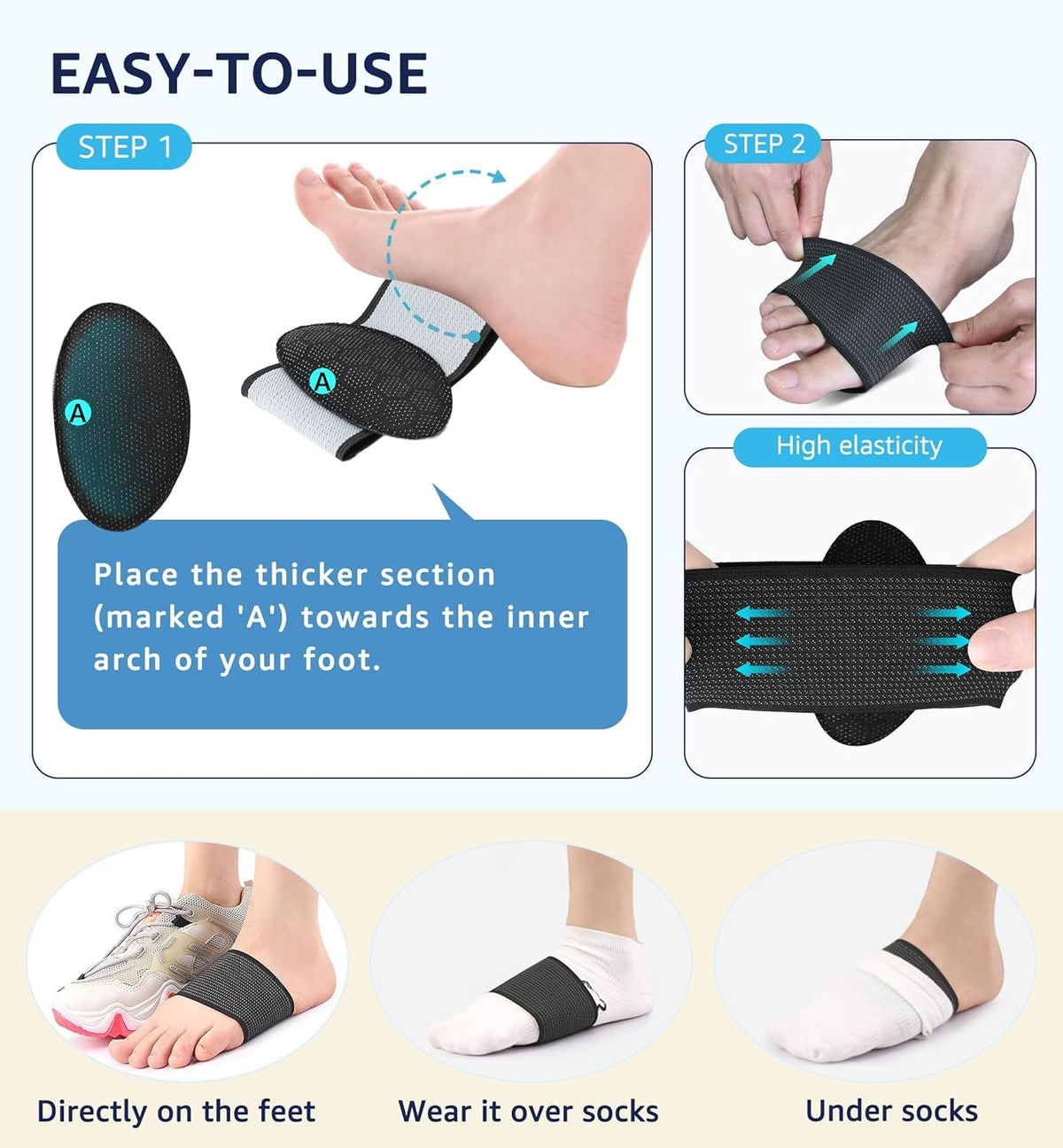 4 Pack Arch Support Cushions Elastic Foot Arch Brace with Silicone Pad for Plantar Fasciitis Relief