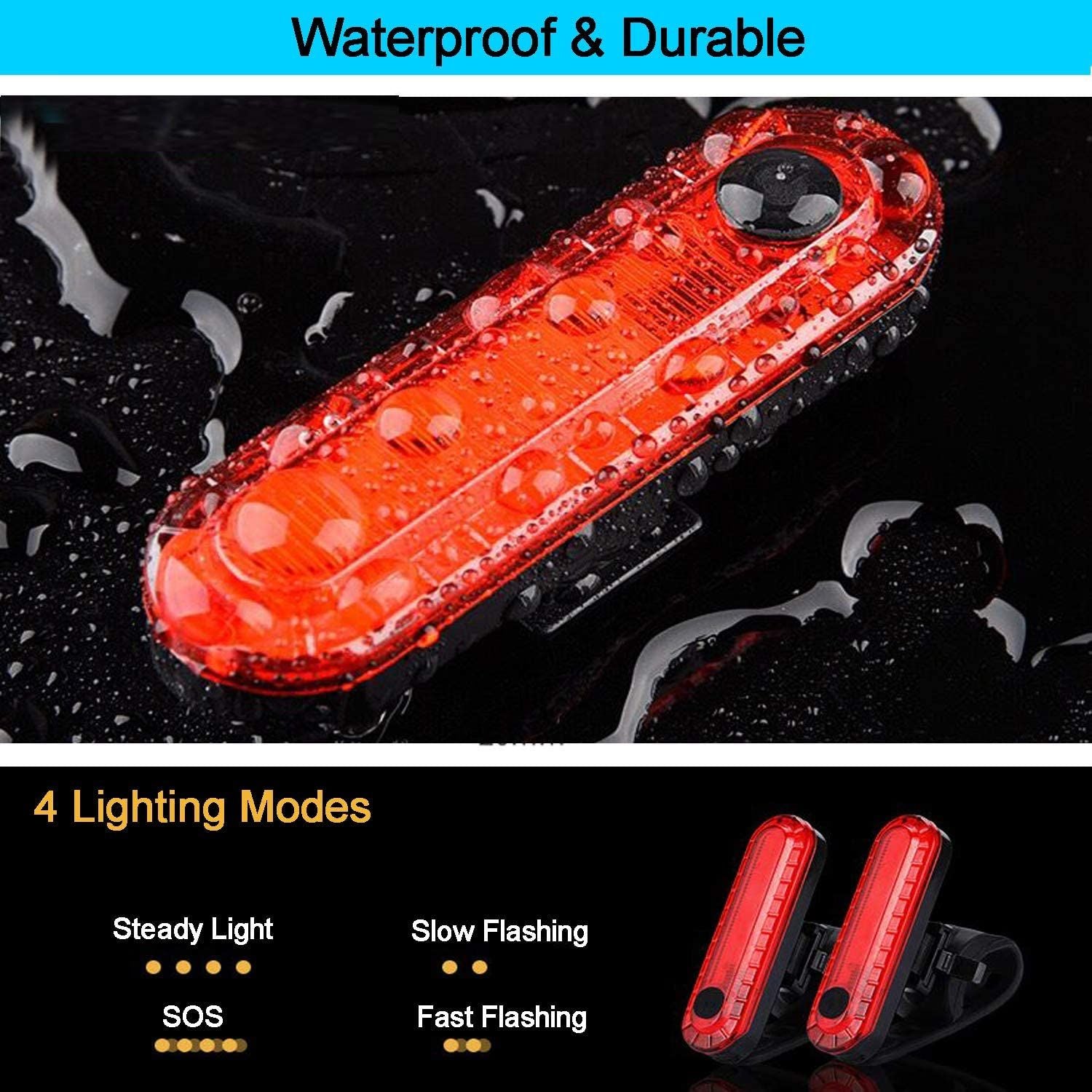 2 Pack Bike Tail Lights Waterproof Bicycle Rear Light Rechargeable Safety Warning Lamp