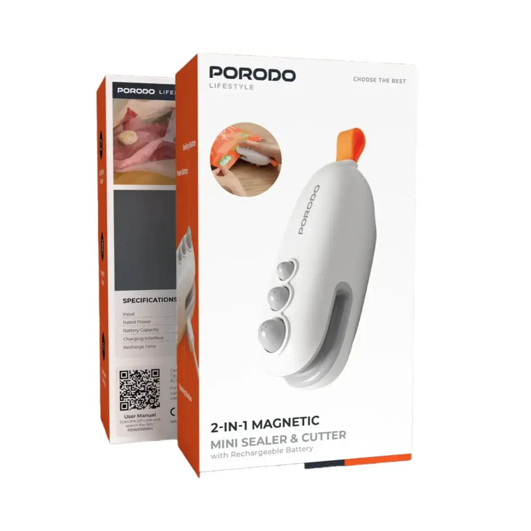 Porodo Lifestyle 2-In-1 Magnetic Mini Sealer & Cutter With Rechargeable Battery, White