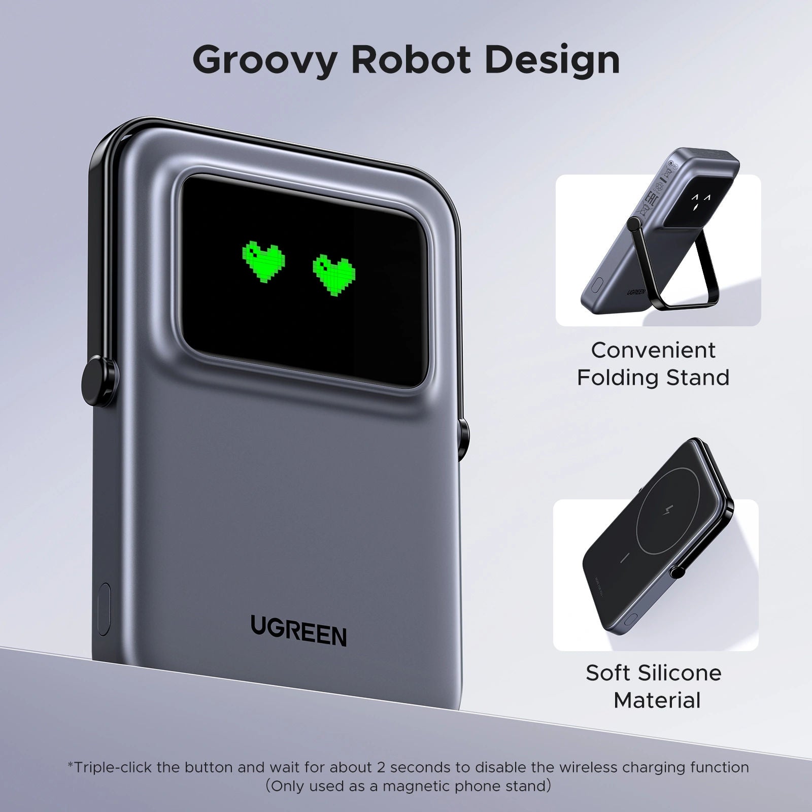 شاحن محمول لاسلكي مغناطيسي UGREEN Uno بسعة 5000 مللي أمبير في الساعة مزود بحامل وشاشة TFT