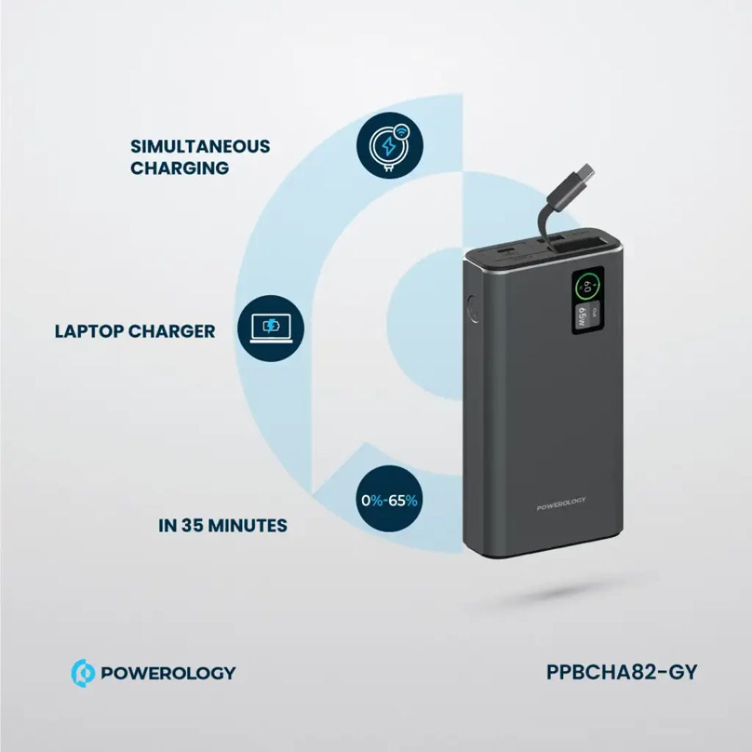 Powerology Aluminum 20000mAh Power Bank, Dark Gray