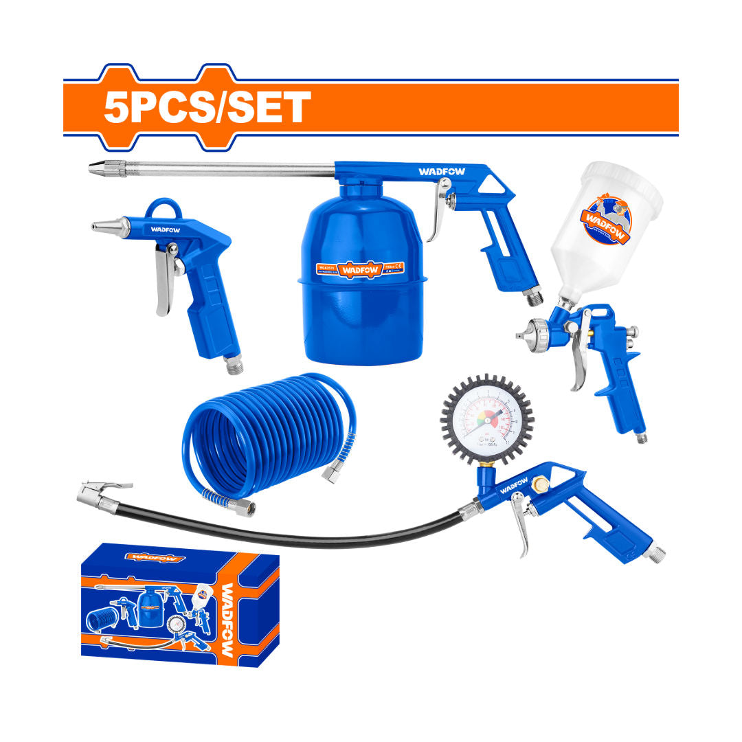 WADFOW 5 Pieces Air Tool Kit, Blow Gun, Spray Gun, Wash Gun, Inflator & 5m Coil Hose, 8mm