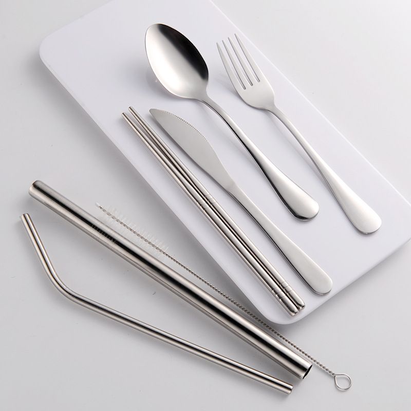 Stainless Steel Tableware Set Straw Knife Fork Spoon Chopsticks Portable Tableware