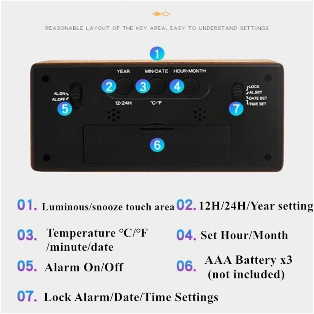Wood Alarm Clock Humidity Temperature Portable Snooze Bedside Kids Room Table Clocks