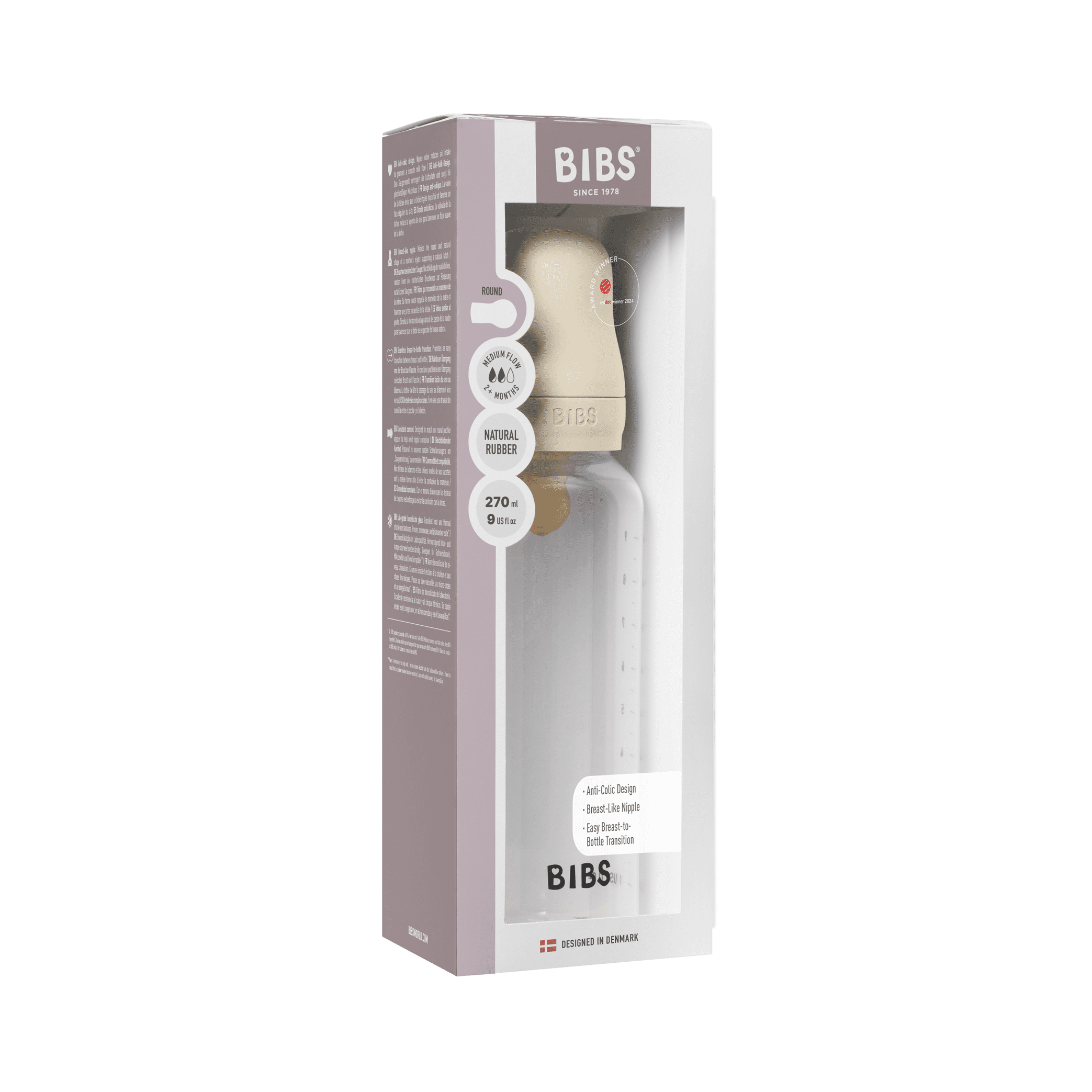 BIBS Baby Bottle with Round Latex Nipple – 270 ml Medium Flow | Ivory