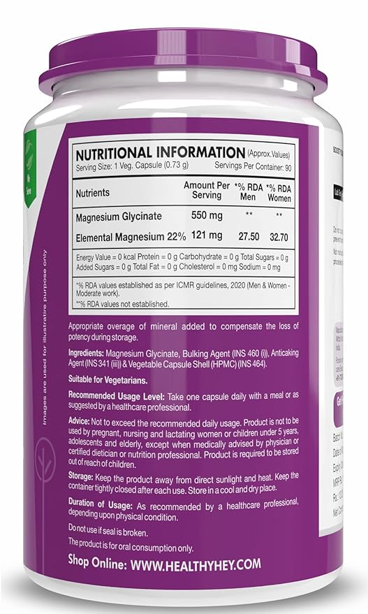 HealthyHey Magnesium Glycinate High Absorption for Sleep, Cramps, & Nerves Health - 90 Vegetable Capsules