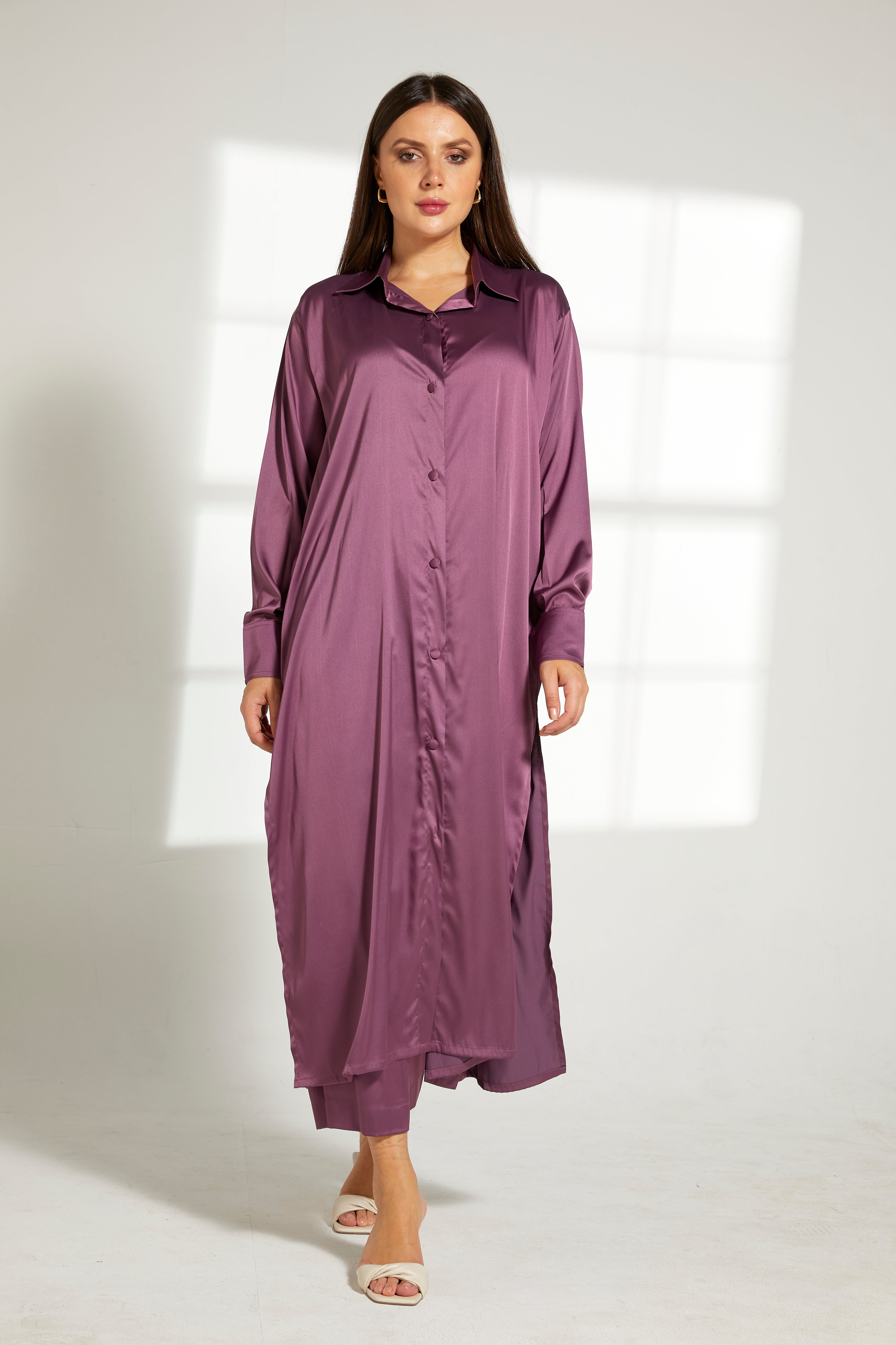 MOiSTREET Purple Silk Fabric Top and Pants Set
