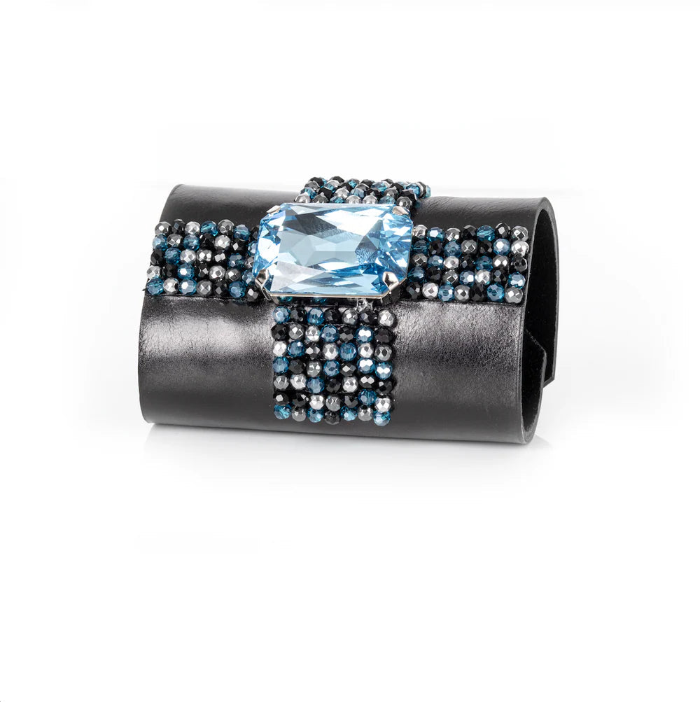 The Dark Black Leather Crystal Cuff Bracelet Ice Blue Cross Stone